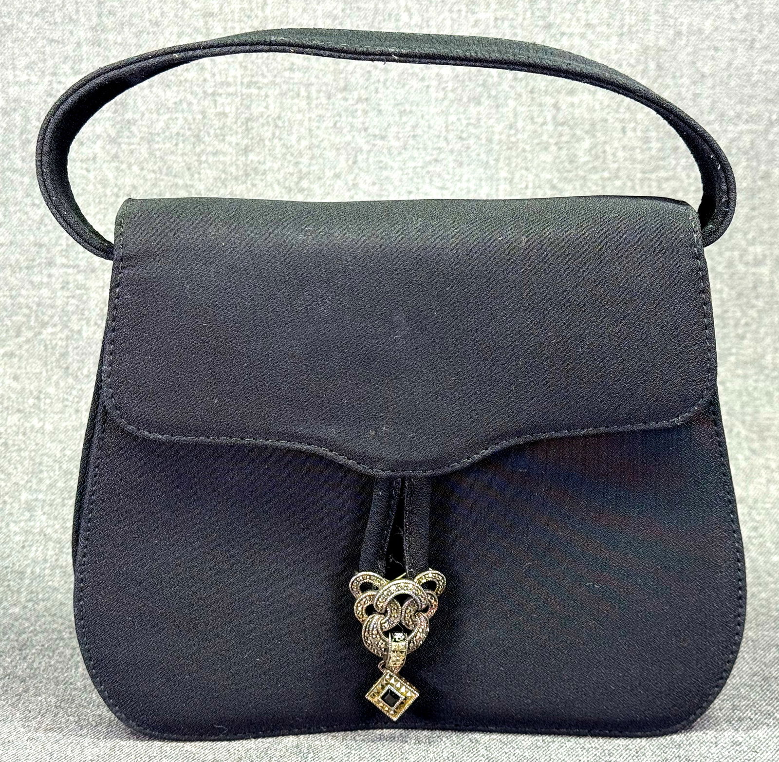 Judith Jack marcasites silver closure black raw silk purse bag. Made in Italy (1 of 12)