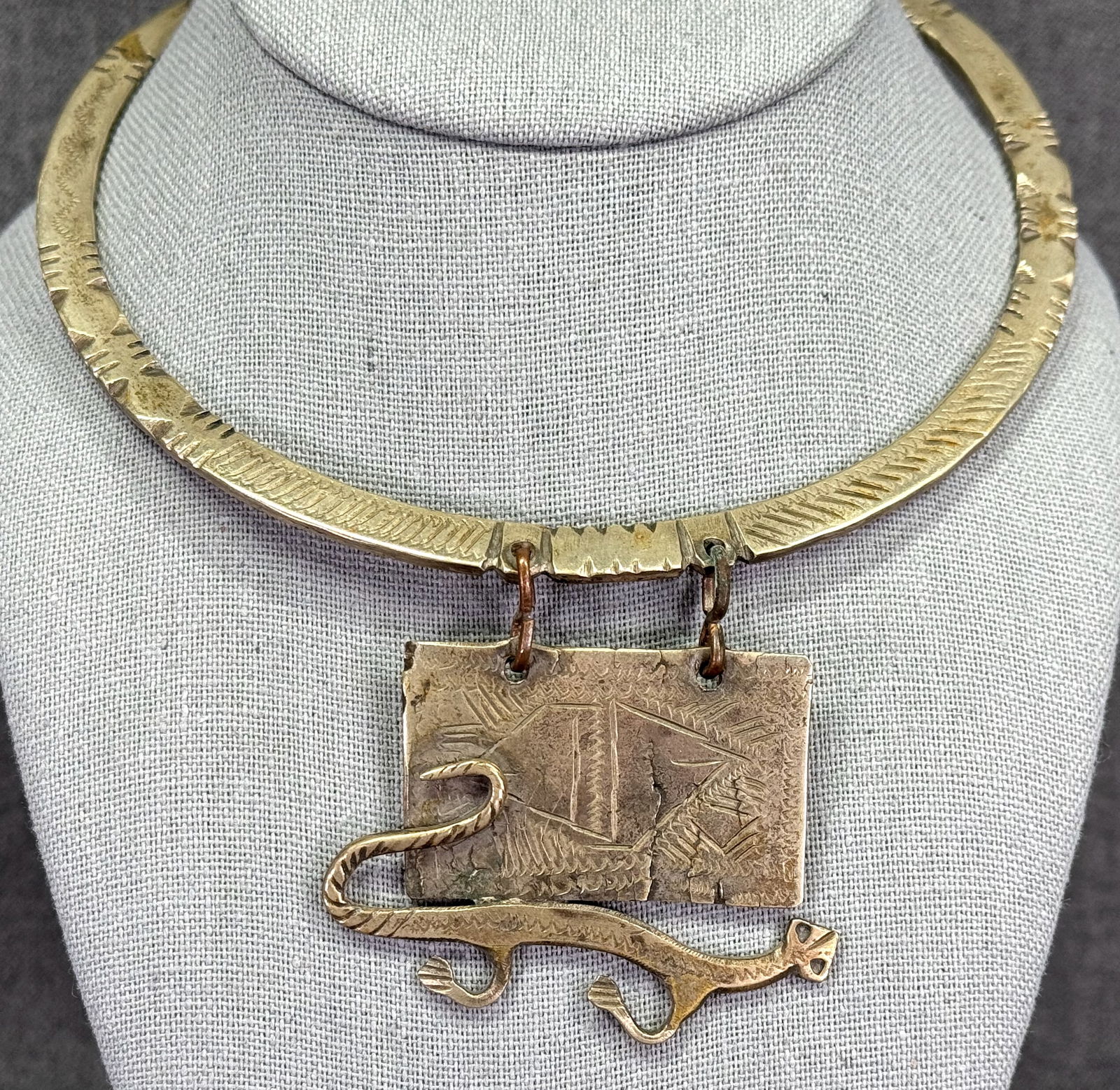 Old African Berber Silver Torque Necklace with Salamander Amulet. (1 of 14)
