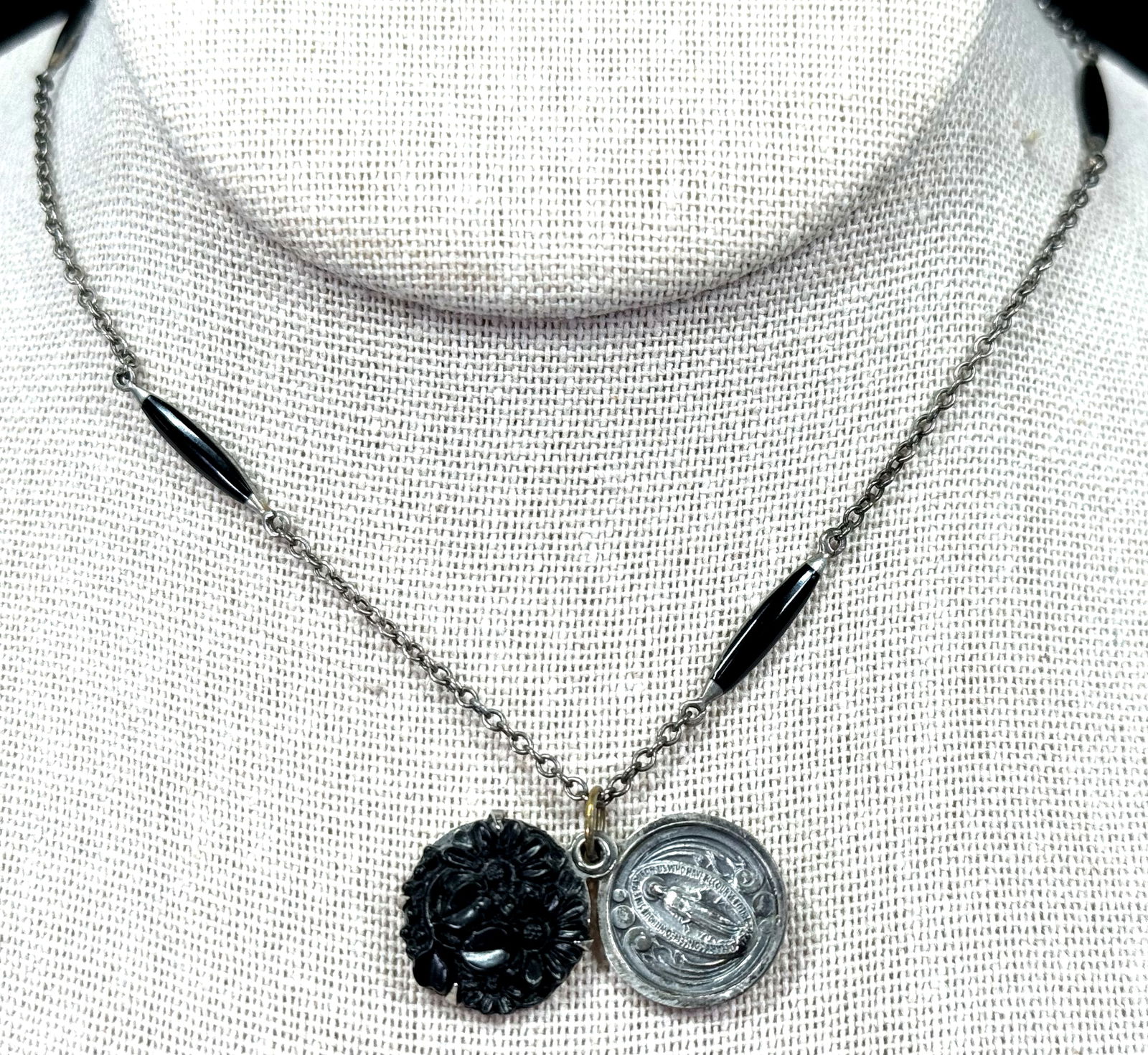 Antique black celluloid flowers Our Lady sliding medal pendant & black enamel sterling silver chain: IN HOUSE FLAT SHIPPING & HANDLING COST WITHIN ALL THE U.S. : $7 To bypass LiveShipping, and use our In-House shipping service for $7 or shipping combined for multiple lots, please select “Arrange Yo