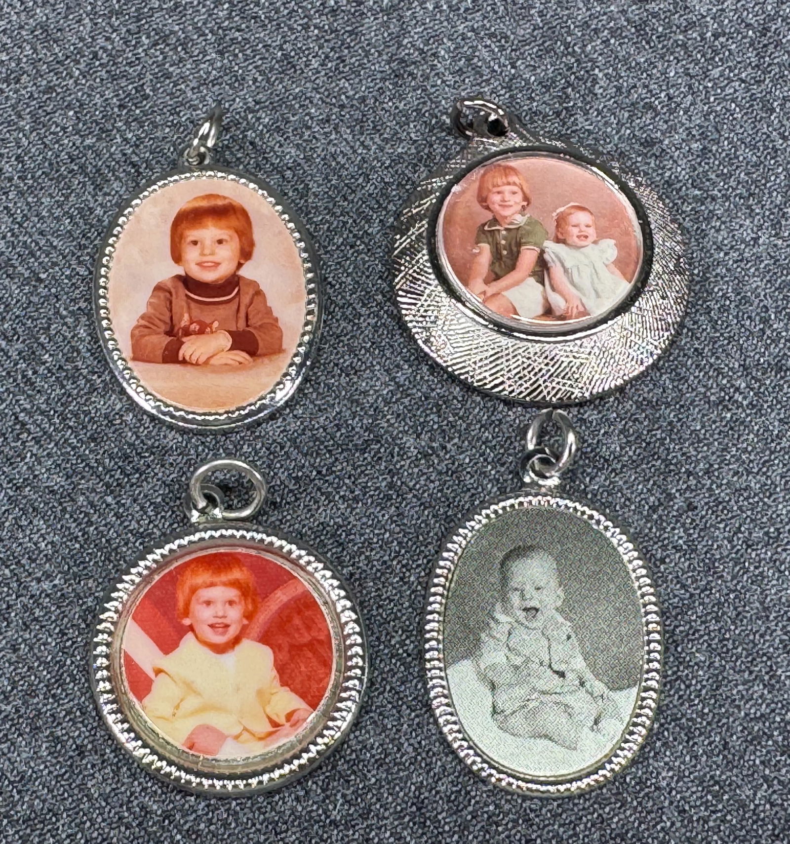 Vintage assorted kids photo silver-toned metal medal pendants. Lot of 4 (1 of 6)