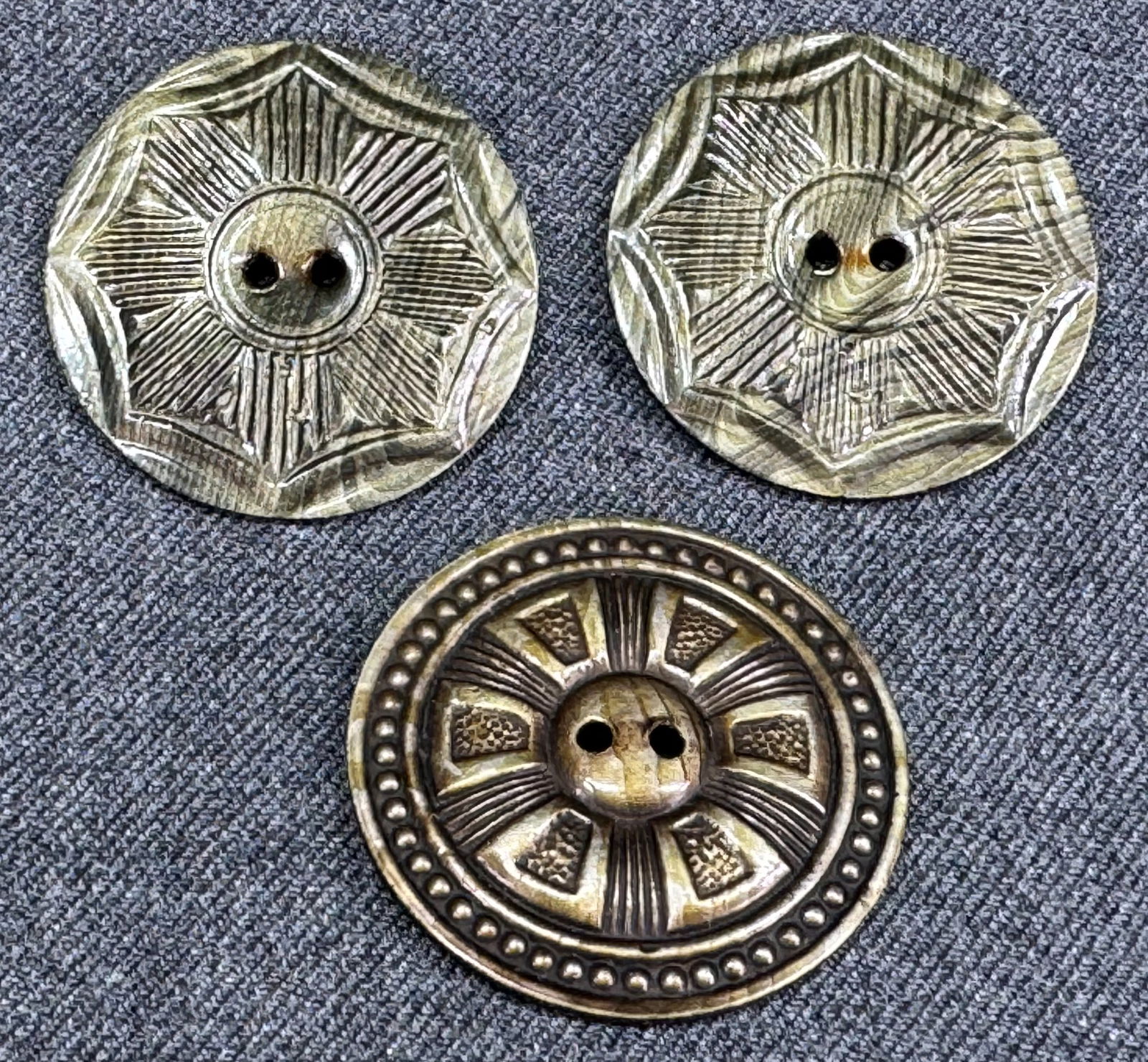 Antique art deco golden accents black celluloid rounded buttons. Lot of 3 (1 of 4)