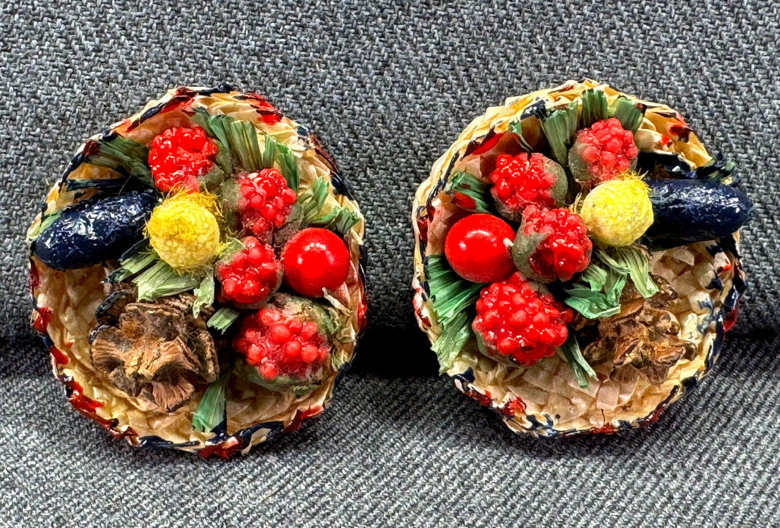 Vintage Carmen Miranda style fruit salad clip earrings. Western Germany . V: IN HOUSE FLAT SHIPPING & HANDLING COST WITHIN ALL THE U.S. : 7 To bypass LiveShipping, and use our In-House shipping service for 7 or shipping combined for multiple lots, please select “Arrange