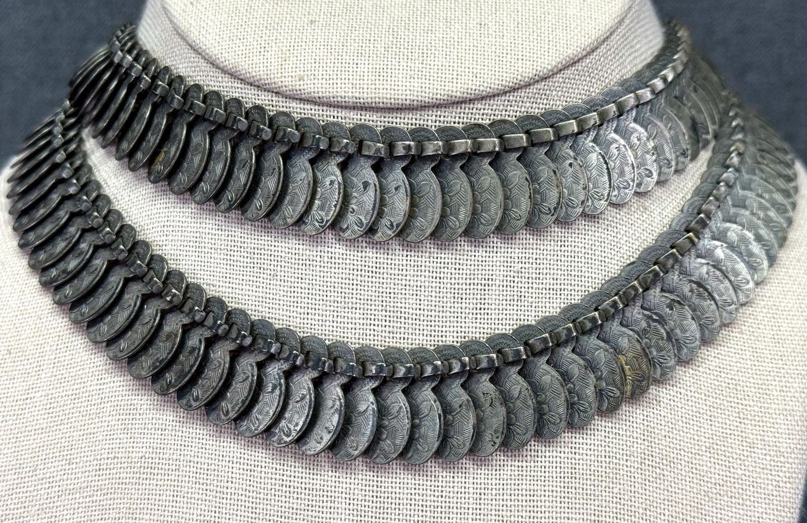 Antique Victorian articulated floral stamped two strands choker necklace. V: IN HOUSE FLAT SHIPPING & HANDLING COST WITHIN ALL THE U.S. : 7 To bypass LiveShipping, and use our In-House shipping service for 7 or shipping combined for multiple lots, please select “Arrange