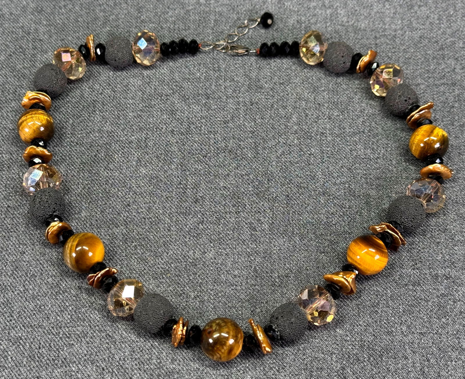Vintage tiger eye, lava, crystal & baroque pearl beads sterling clasp necklace: IN HOUSE FLAT SHIPPING & HANDLING COST WITHIN ALL THE U.S. : 7 To bypass LiveShipping, and use our In-House shipping service for 7 or shipping combined for multiple lots, please select “Arrange