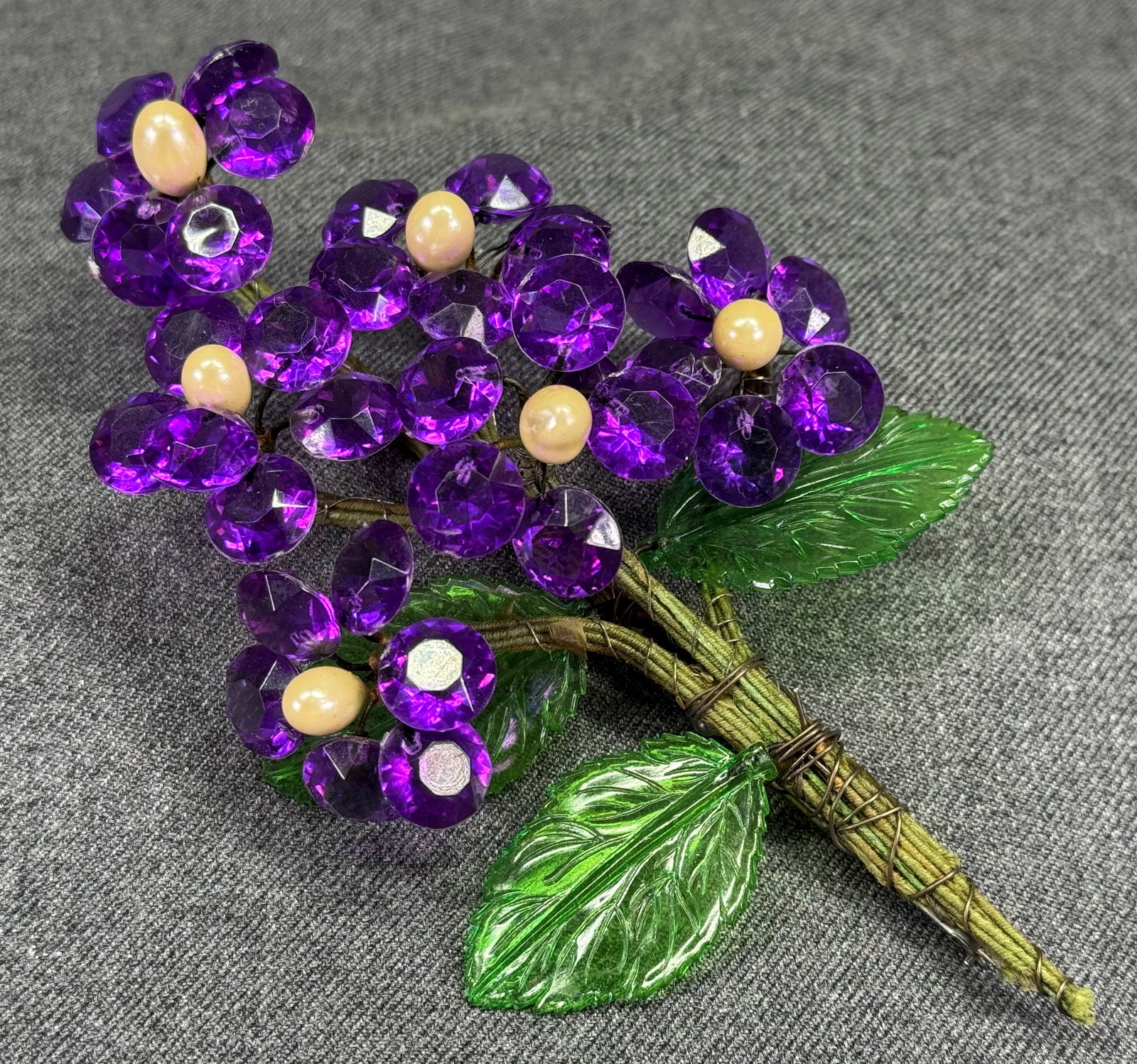 Vintage hand crafted pearly & purple cluster flowers bouquet brooch pin. 5 inches 1ART: IN HOUSE FLAT SHIPPING & HANDLING COST WITHIN ALL THE U.S. : 7 To bypass LiveShipping, and use our In-House shipping service for 7 or shipping combined for multiple lots, please select “Arrange 