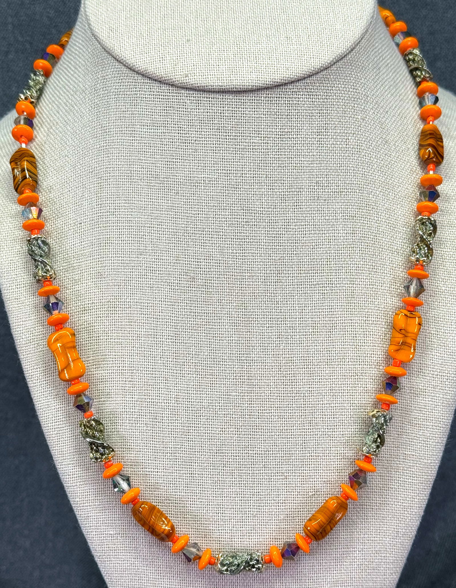 Vintage orange glass, AB crystal & gold-toned metal beads necklace. V: IN HOUSE FLAT SHIPPING & HANDLING COST WITHIN ALL THE U.S. : 7 To bypass LiveShipping, and use our In-House shipping service for 7 or shipping combined for multiple lots, please select “Arrange