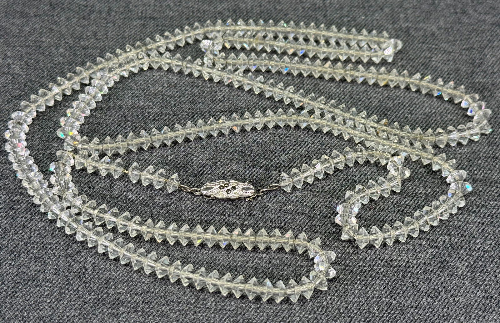Vintage F.lli Menegatti Italy marcasites sterling clasp clear crystals beaded necklace. 1AHT: IN HOUSE FLAT SHIPPING & HANDLING COST WITHIN ALL THE U.S. : 7 To bypass LiveShipping, and use our In-House shipping service for 7 or shipping combined for multiple lots, please select “Arrange
