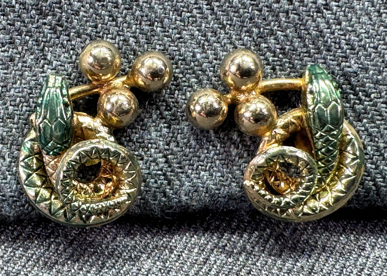 Vintage snake & fruits enamel gold-toned screw back earrings 1ALT: IN HOUSE FLAT SHIPPING & HANDLING COST WITHIN ALL THE U.S. : 7. To bypass LiveShipping, and use our In-House shipping service for 7 or shipping combined for multiple lots, please select “Arrange