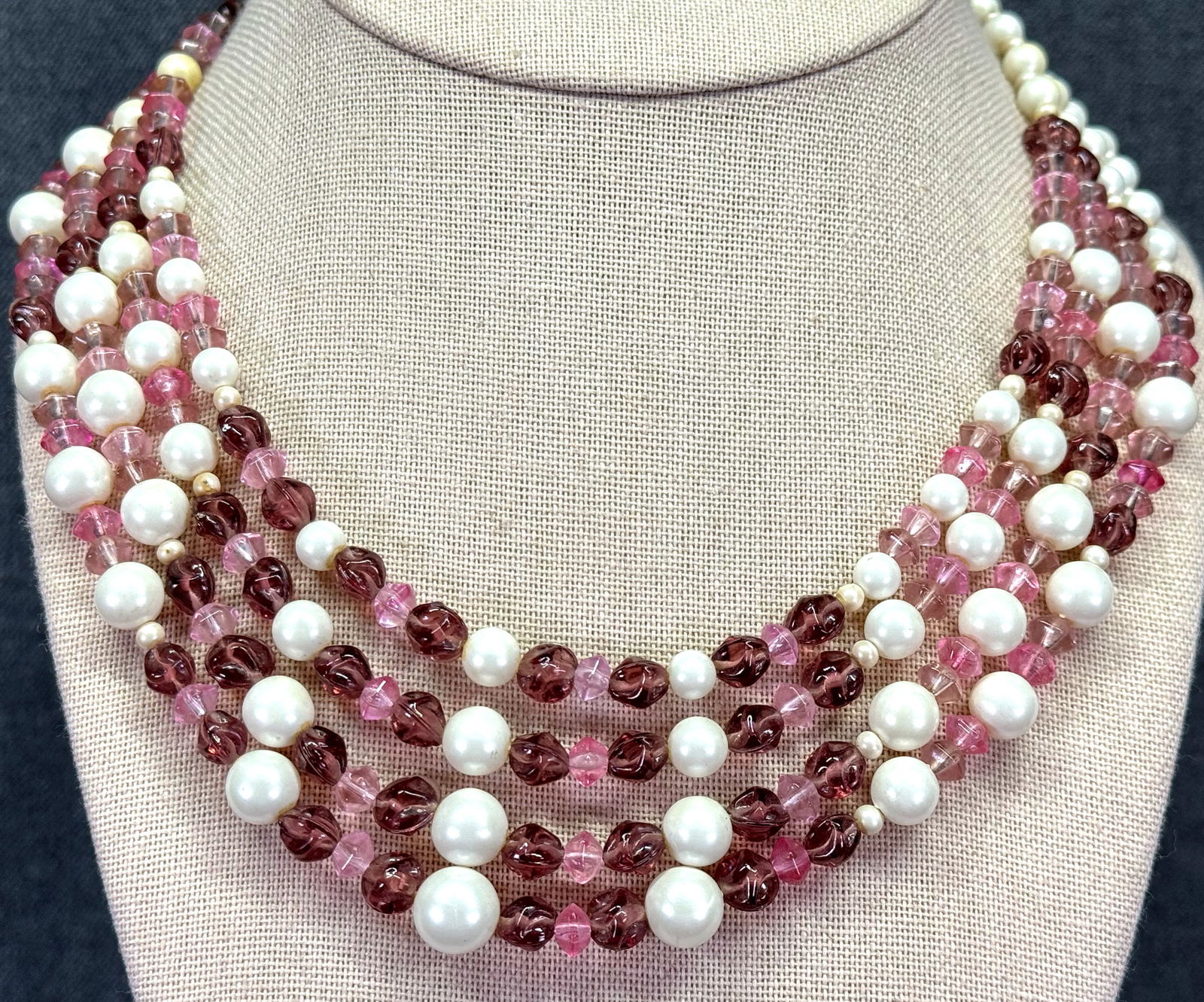 Vintage purple rose glass & pearly beads 4 strands collar bib necklace: IN HOUSE FLAT SHIPPING & HANDLING COST WITHIN ALL THE U.S. : 7 To bypass LiveShipping, and use our In-House shipping service for 7 or shipping combined for multiple lots, please select “Arrange