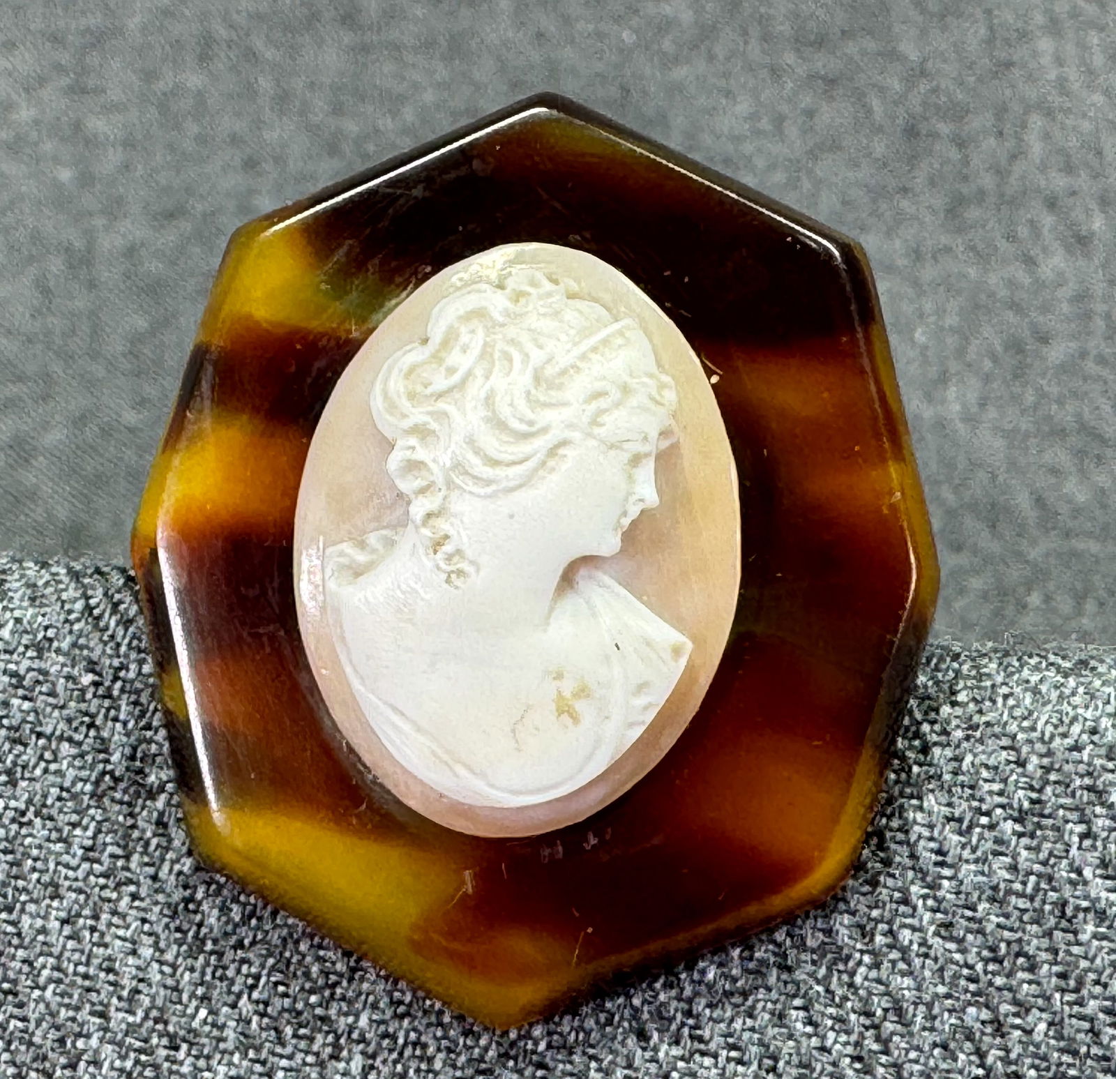 Vintage shell cameo with celluloid setting brooch pin 1ADT: IN HOUSE FLAT SHIPPING & HANDLING COST WITHIN ALL THE U.S. : 7 To bypass LiveShipping, and use our In-House shipping service for 7 or shipping combined for multiple lots, please select “Arrange
