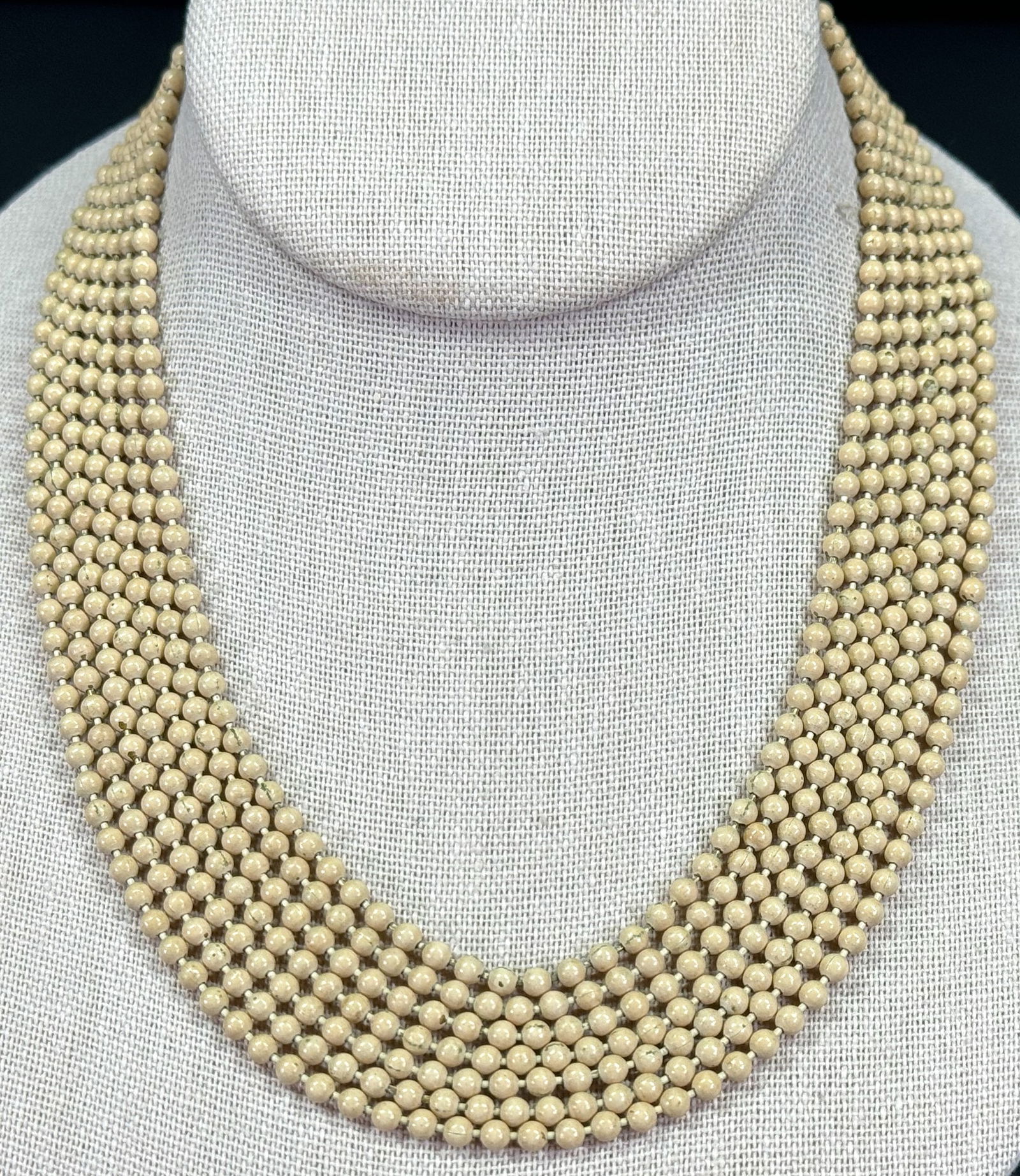 Antique art deco creamy enamel goldtone metal ball chain multi strand collar necklace.: IN HOUSE FLAT SHIPPING & HANDLING COST WITHIN ALL THE U.S. : 7 To bypass LiveShipping, and use our In-House shipping service for 7 or shipping combined for multiple lots, please select “Arrange