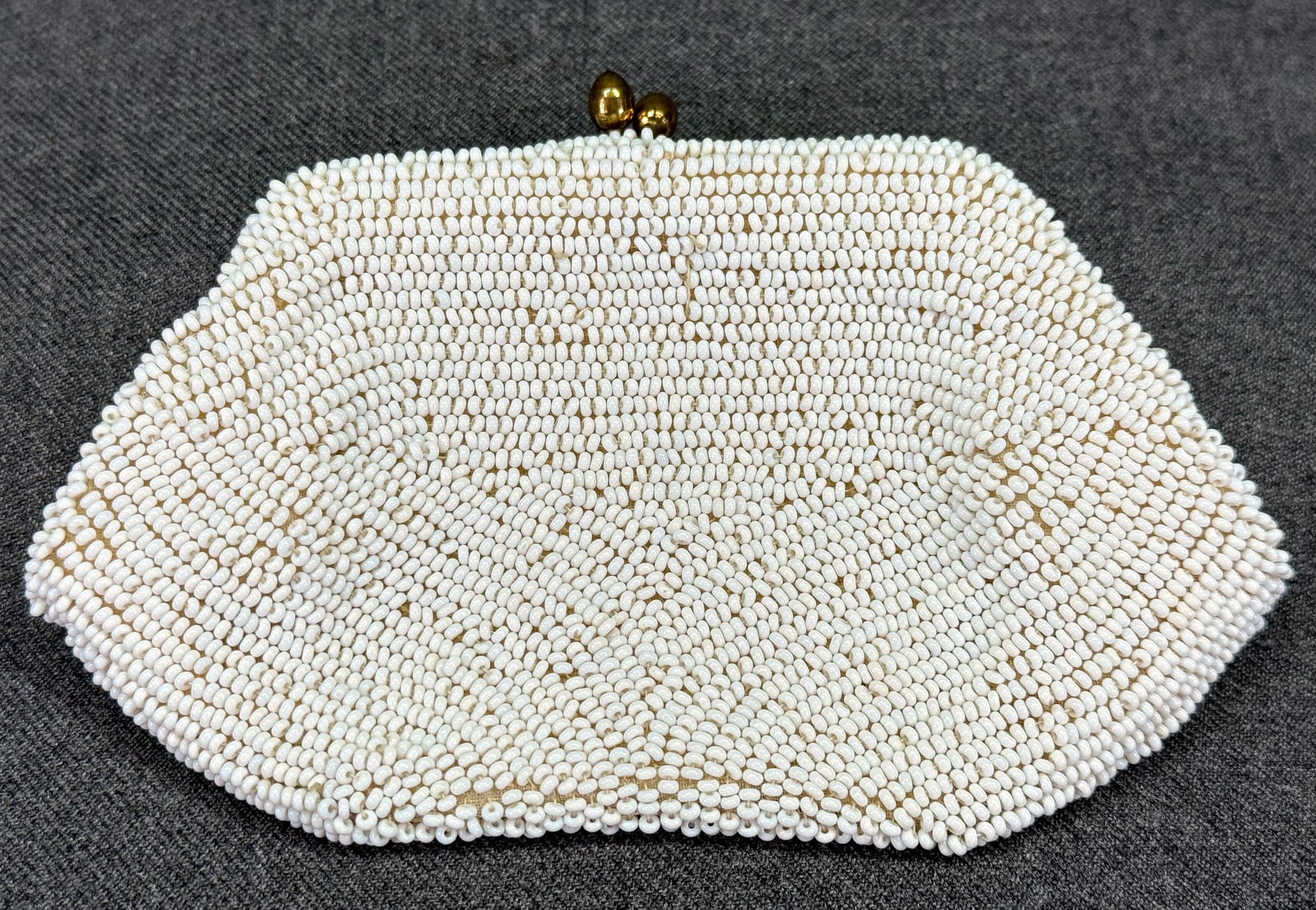 Vintage hand made in Belgium white beaded small clutch purse: IN HOUSE FLAT SHIPPING & HANDLING COST WITHIN ALL THE U.S. : 7 To bypass LiveShipping, and use our In-House shipping service for 7 or shipping combined for multiple lots, please select “Arrange