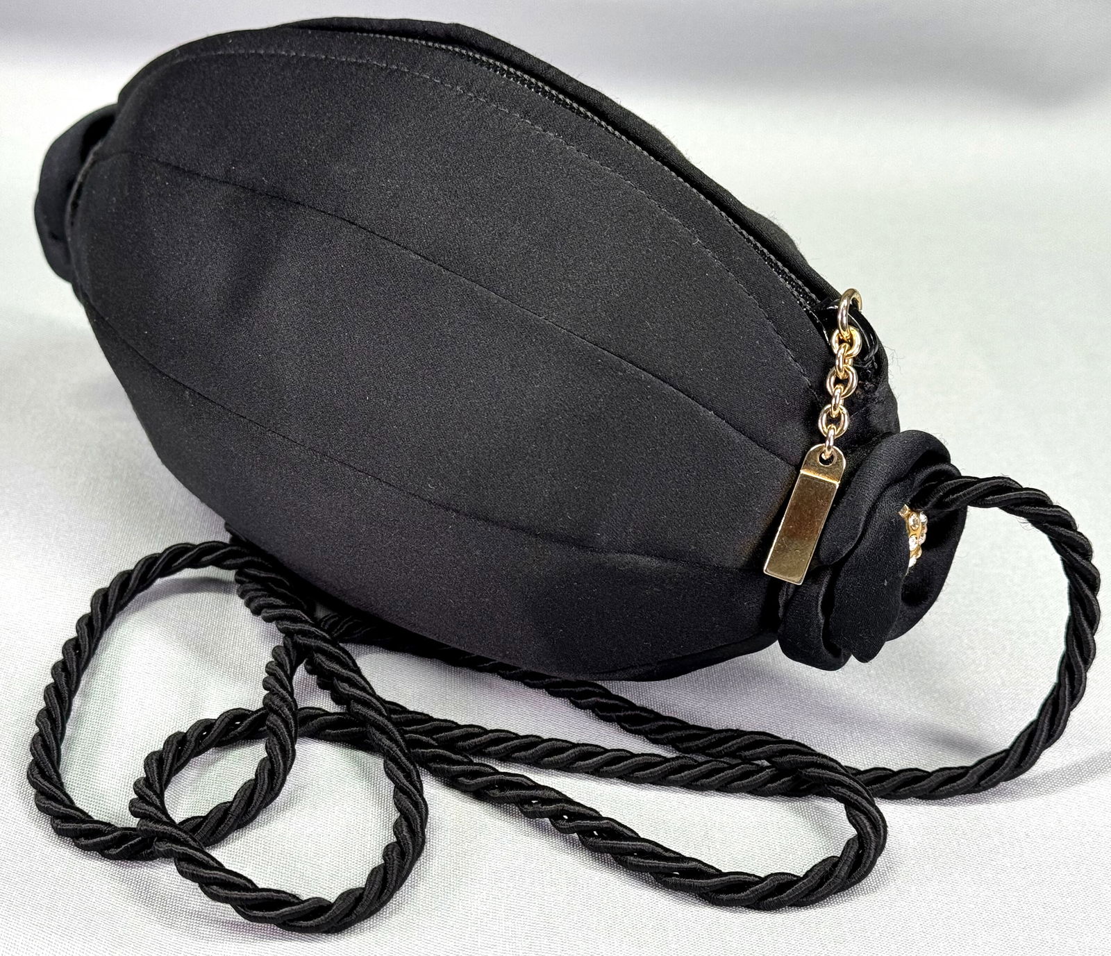 Vintage 90s Italian Charles Jourdan black silk candy shaped bag. Rhinestones flowers sides (1 of 17)