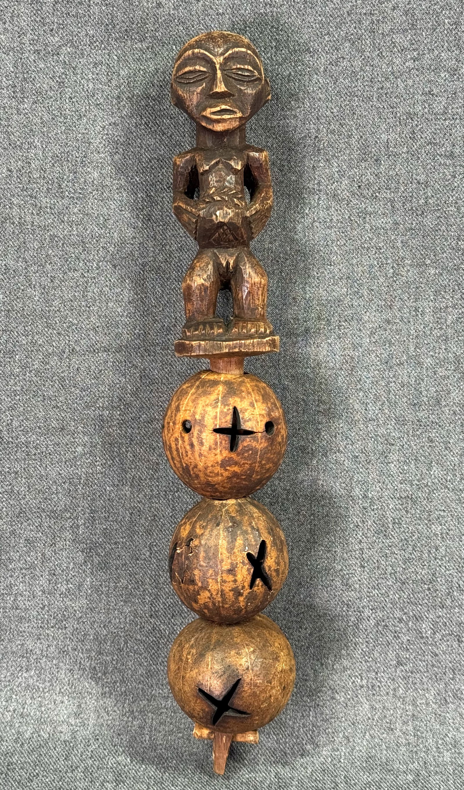 African Luba Hemba DRC Munyenga Divination Rattle. Carved wood, calabash.: IN HOUSE FLAT SHIPPING & HANDLING COST WITHIN ALL THE U.S. : 14 To bypass LiveShipping, and use our In-House shipping service for 14 or shipping combined for multiple lots, please select “Arrang