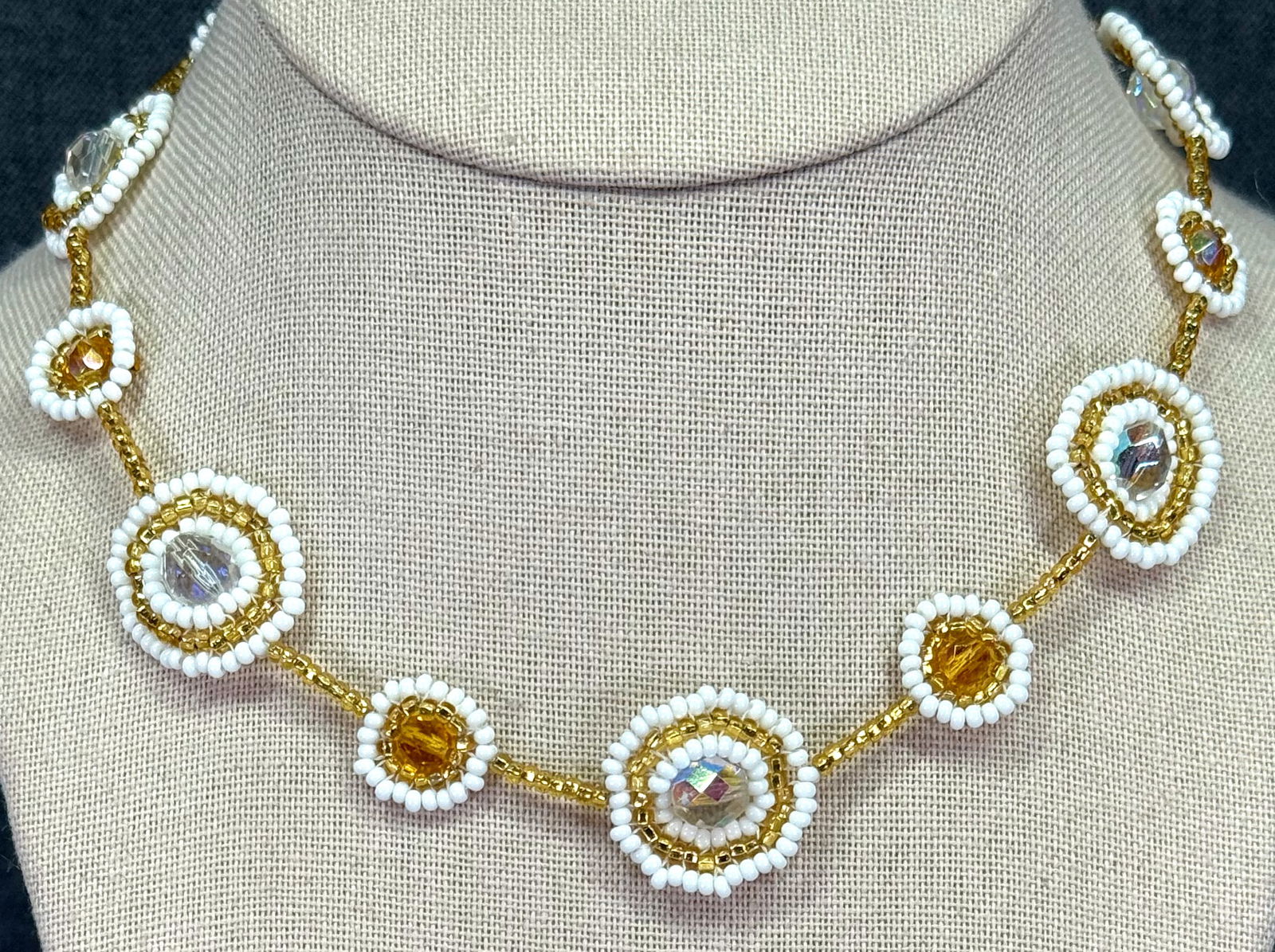 Vintage AB faceted crystals & seed glass beaded collar necklace: IN HOUSE FLAT SHIPPING & HANDLING COST WITHIN ALL THE U.S. : 7 To bypass LiveShipping, and use our In-House shipping service for 7 or shipping combined for multiple lots, plase select “Arrange Y