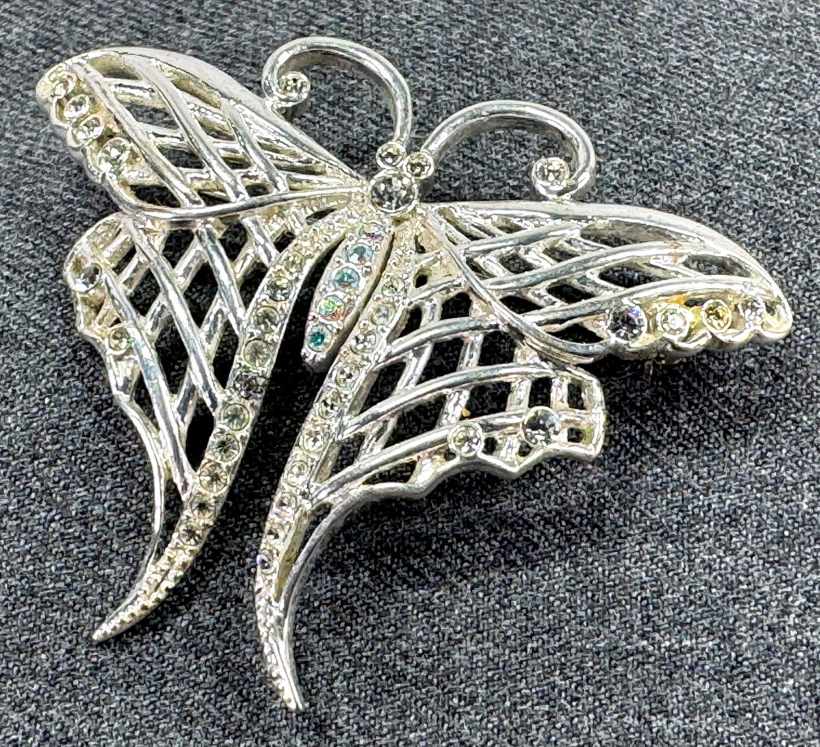 Vintage AB & clear crystals silvertoned butterfly brooch pin: IN HOUSE FLAT SHIPPING & HANDLING COST WITHIN ALL THE U.S. : 7 To bypass LiveShipping, and use our In-House shipping service for 7 or shipping combined for multiple lots, please select “Arrange 