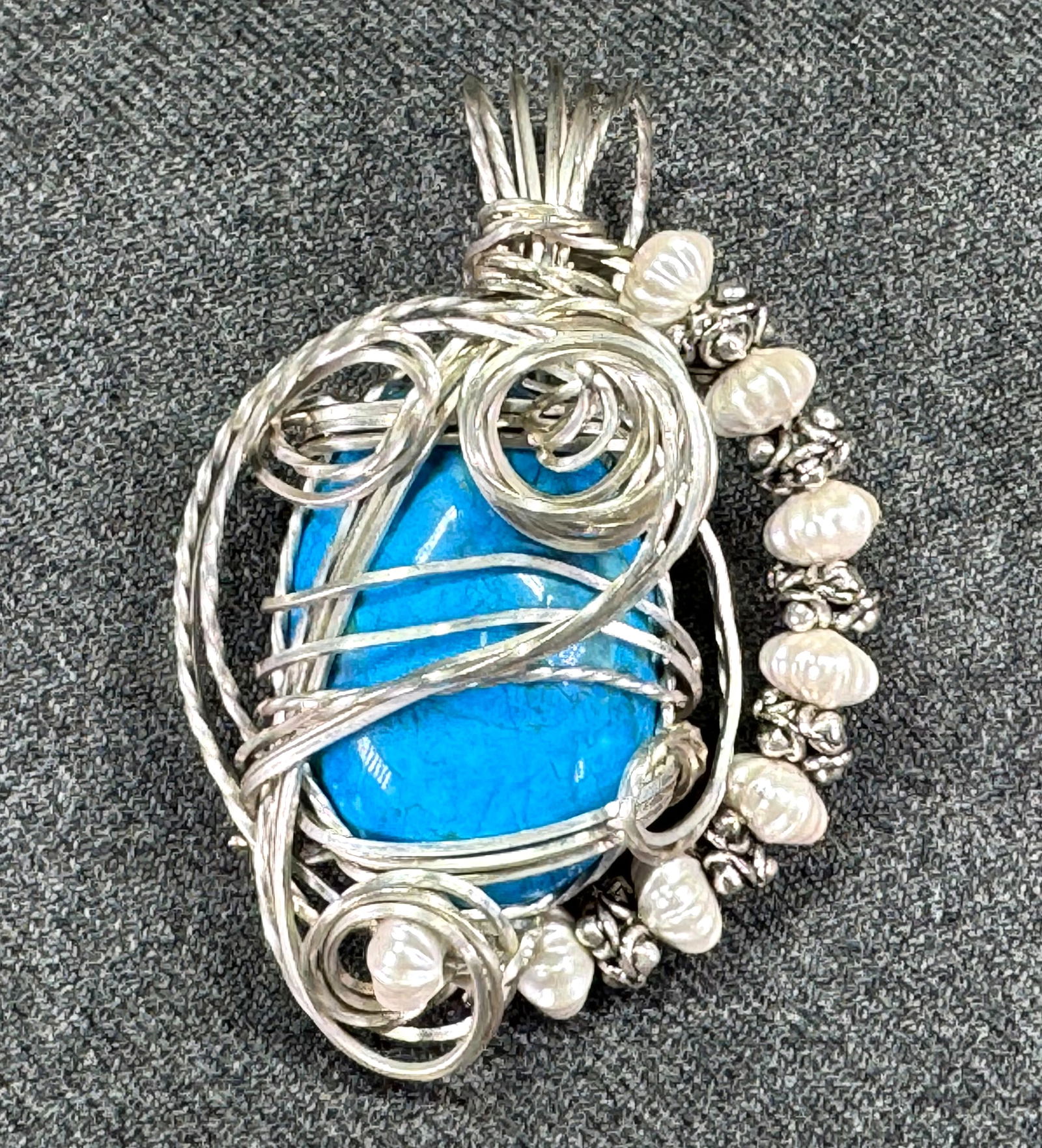 Vintage artsy brutalist wrapped in silver filled wired dyed turquoise stone, pearly beads pendant: IN HOUSE FLAT SHIPPING & HANDLING COST WITHIN ALL THE U.S. : 7 To bypass LiveShipping, and use our In-House shipping service for 7 or shipping combined for multiple lots, please select “Arrange