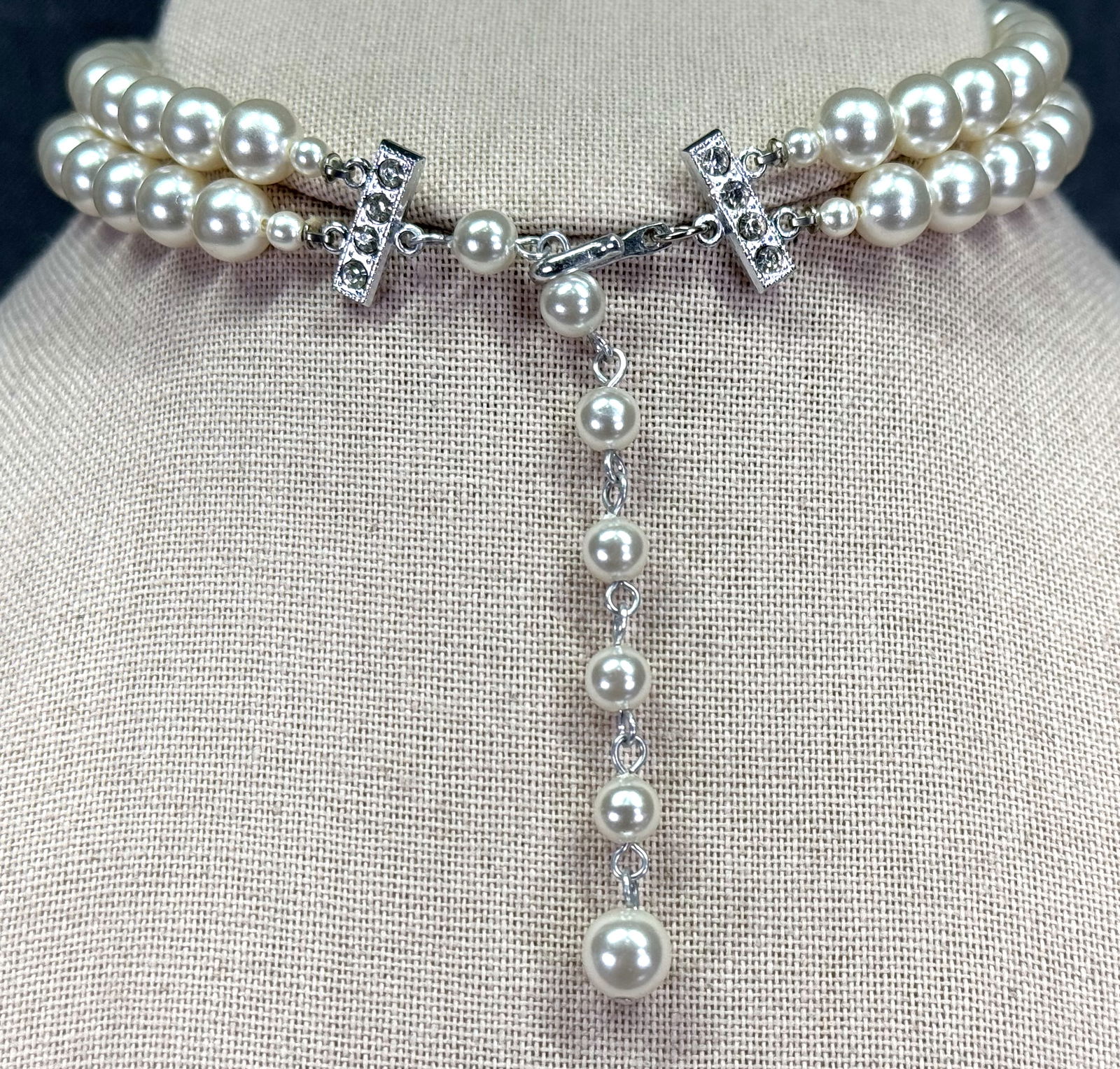 Vintage Japanese pearly beads 2 strands choker necklace. Clear rhinestones clasp: IN HOUSE FLAT SHIPPING & HANDLING COST WITHIN ALL THE U.S. : 7 To bypass LiveShipping, and use our In-House shipping service for 7 or shipping combined for multiple lots, please select “Arrange