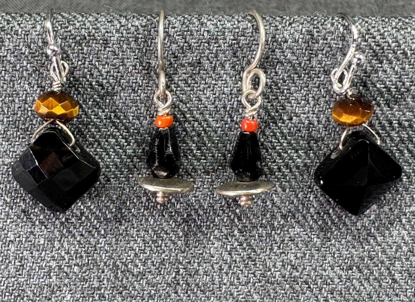 Vintage artisan coral & black glass and tiger eye & black glass hook earrings: IN HOUSE FLAT SHIPPING & HANDLING COST WITHIN ALL THE U.S. : 7 To bypass LiveShipping, and use our In-House shipping service for 7 or shipping combined for multiple lots, please select “Arrange