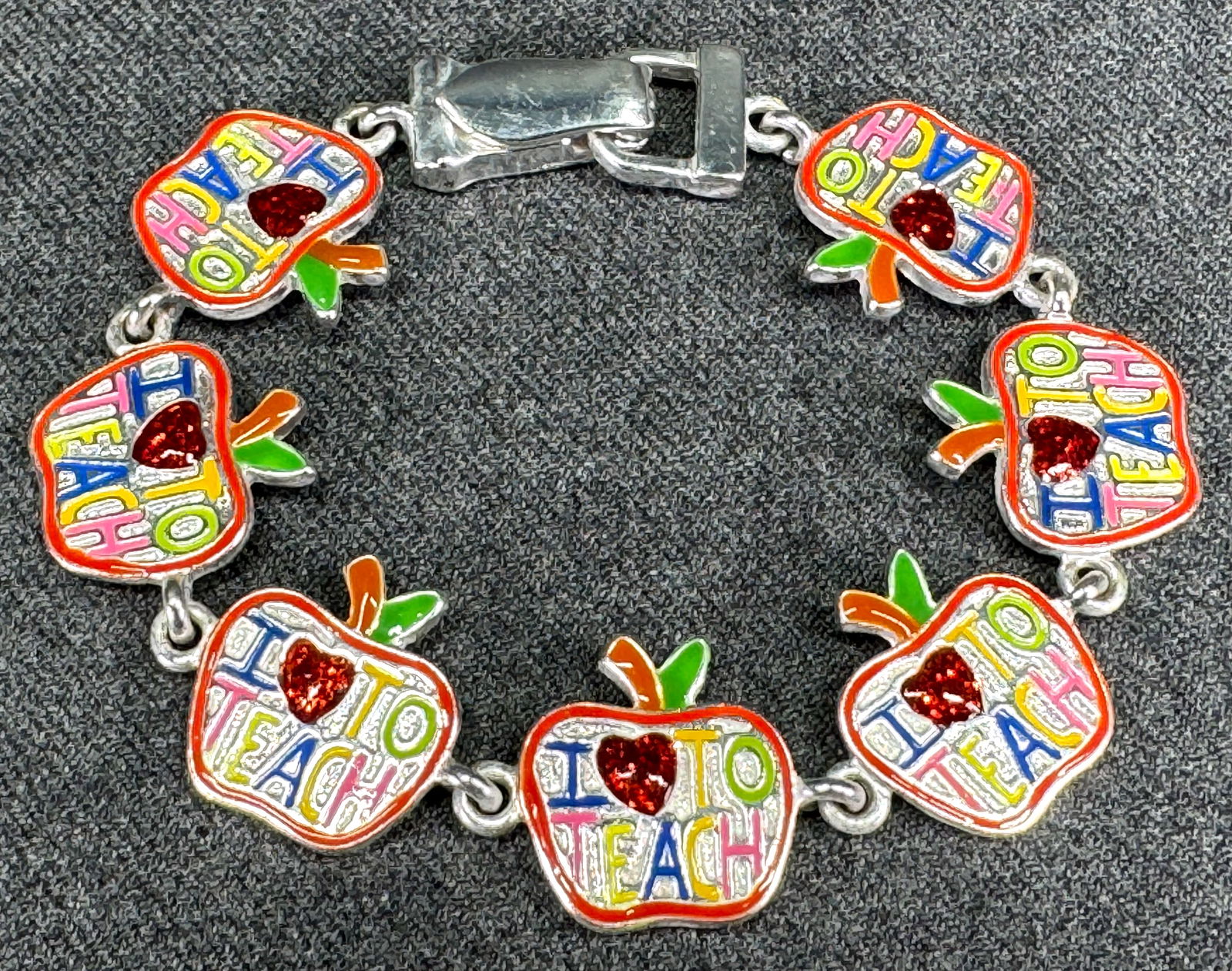 I Love to teach enamel silvertone metal bracelet.: IN HOUSE FLAT SHIPPING & HANDLING COST WITHIN ALL THE U.S. : 7 To bypass LiveShipping, and use our In-House shipping service for 7 or shipping combined for multiple lots, please select “Arrange