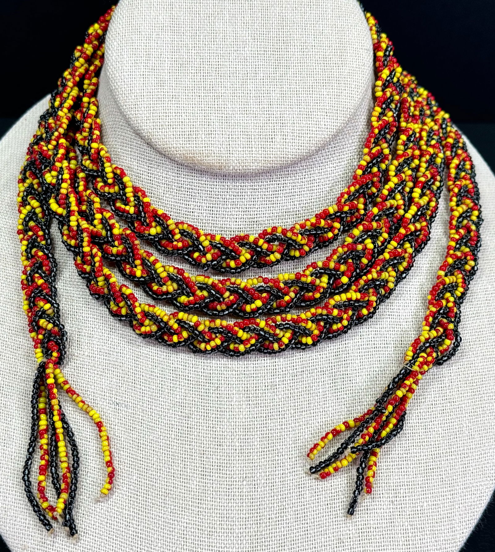 Vintage art deco seed glass beads braided belt / flapper necklace with tassels.: IN HOUSE FLAT SHIPPING & HANDLING COST WITHIN ALL THE U.S. : 7 To bypass LiveShipping, and use our In-House shipping service for 7 or shipping combined for multiple lots, please select “Arrange