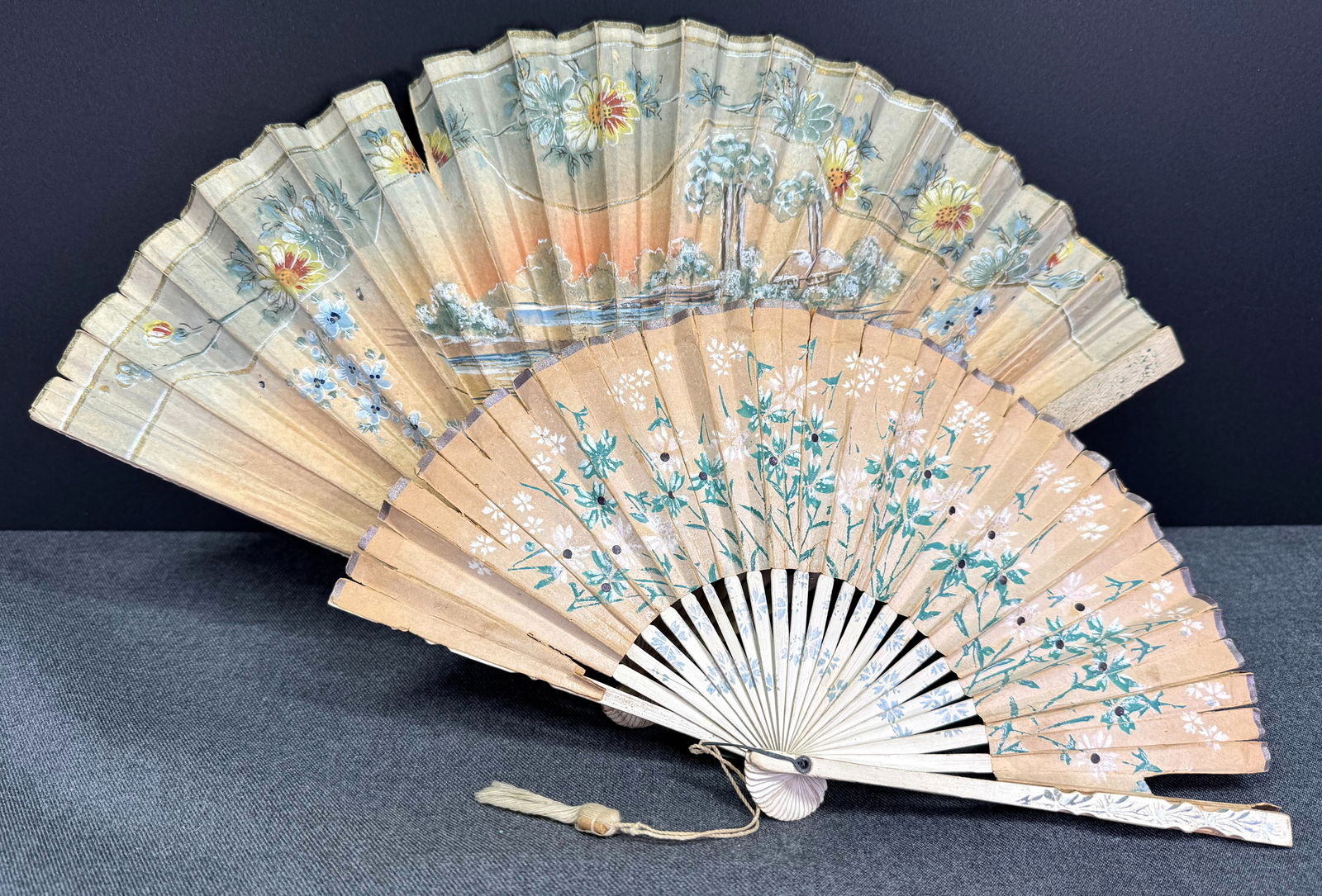 Antique painted paper & wooden mother & daughter hand fans: IN HOUSE FLAT SHIPPING & HANDLING COST WITHIN ALL THE U.S. : 7 To bypass LiveShipping, and use our In-House shipping service for 7 or shipping combined for multiple lots, please select “Arrange