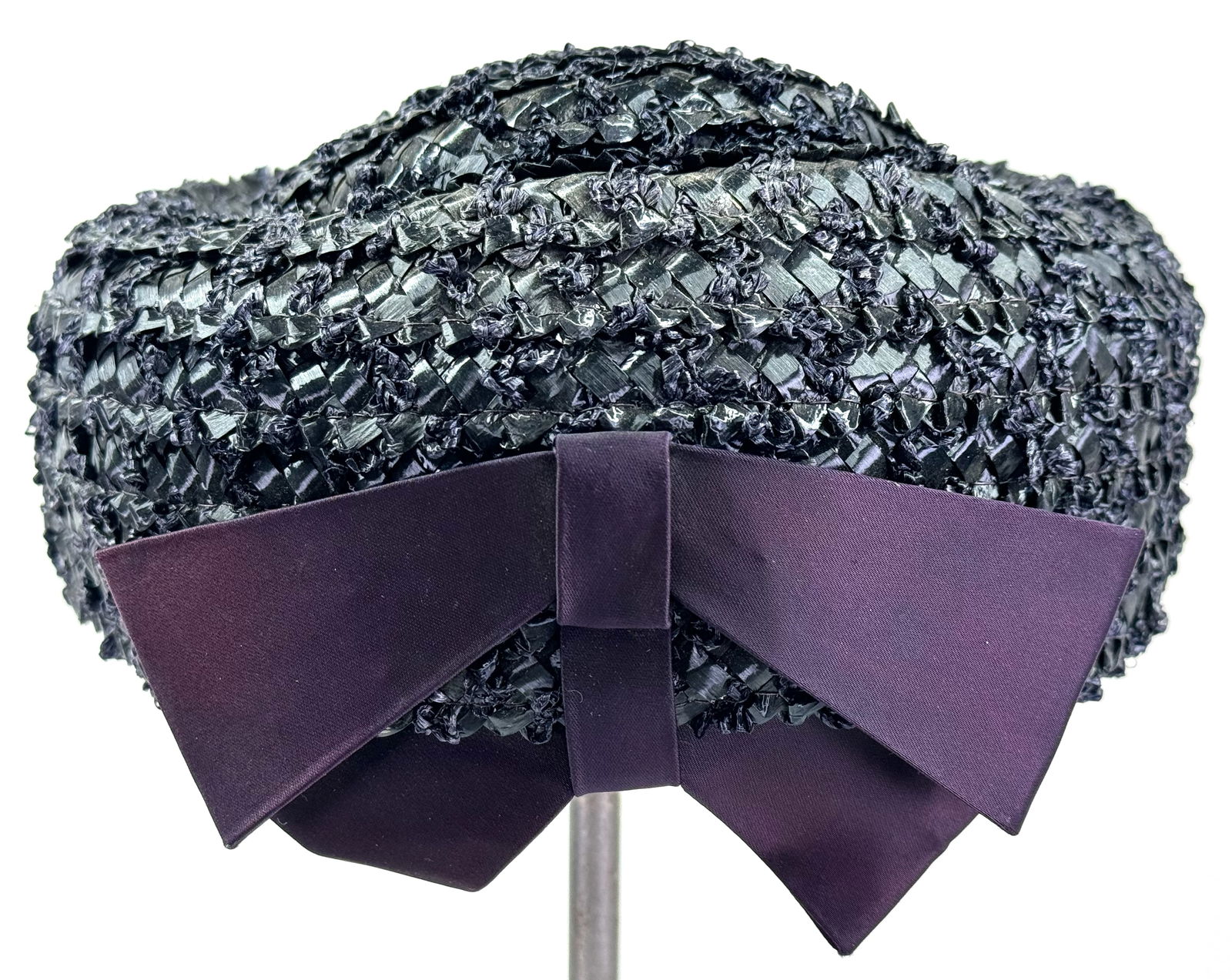 Vintage Jan Bark Jrs dark blue fabric bows raffia hat.: IN HOUSE FLAT SHIPPING & HANDLING COST WITHIN ALL THE U.S. : 10 To bypass LiveShipping, and use our In-House shipping service for 10 or shipping combined for multiple lots, please select “Arrang