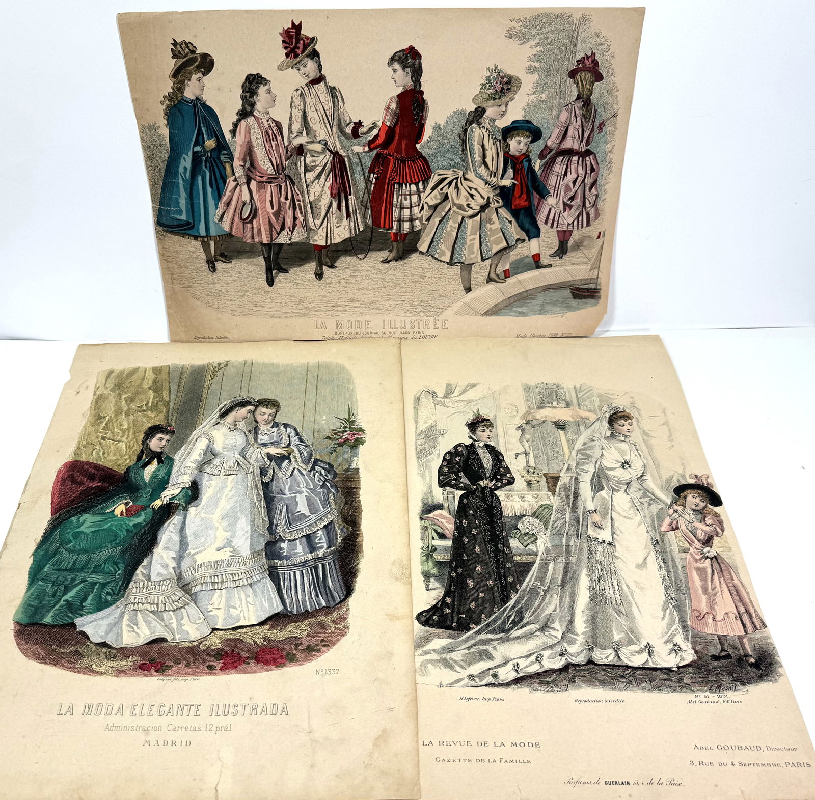 Original Antique Fashion Mode Prints. Lot of 3. The bride one has a Guerlain Perfume mention: IN HOUSE FLAT SHIPPING & HANDLING COST WITHIN ALL THE U.S. : 15 To bypass LiveShipping, and use our In-House shipping service for 15 or shipping combined for multiple lots, please select “Arrang