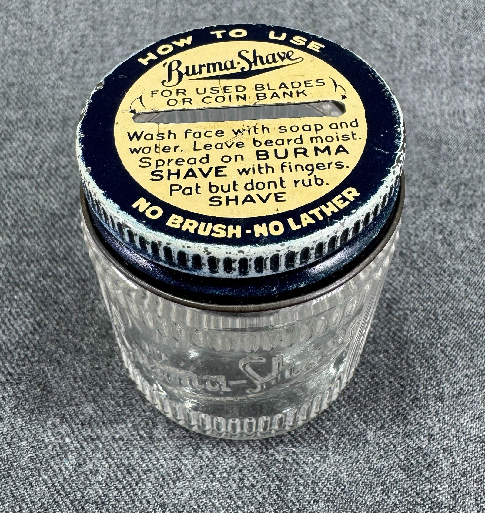 Vintage Burma Shave used razor piggy bank glass lidded jar: IN HOUSE FLAT SHIPPING & HANDLING COST WITHIN ALL THE U.S. : 7 To bypass LiveShipping, and use our In-House shipping service for 7 or shipping combined for multiple lots, please select “Arrange