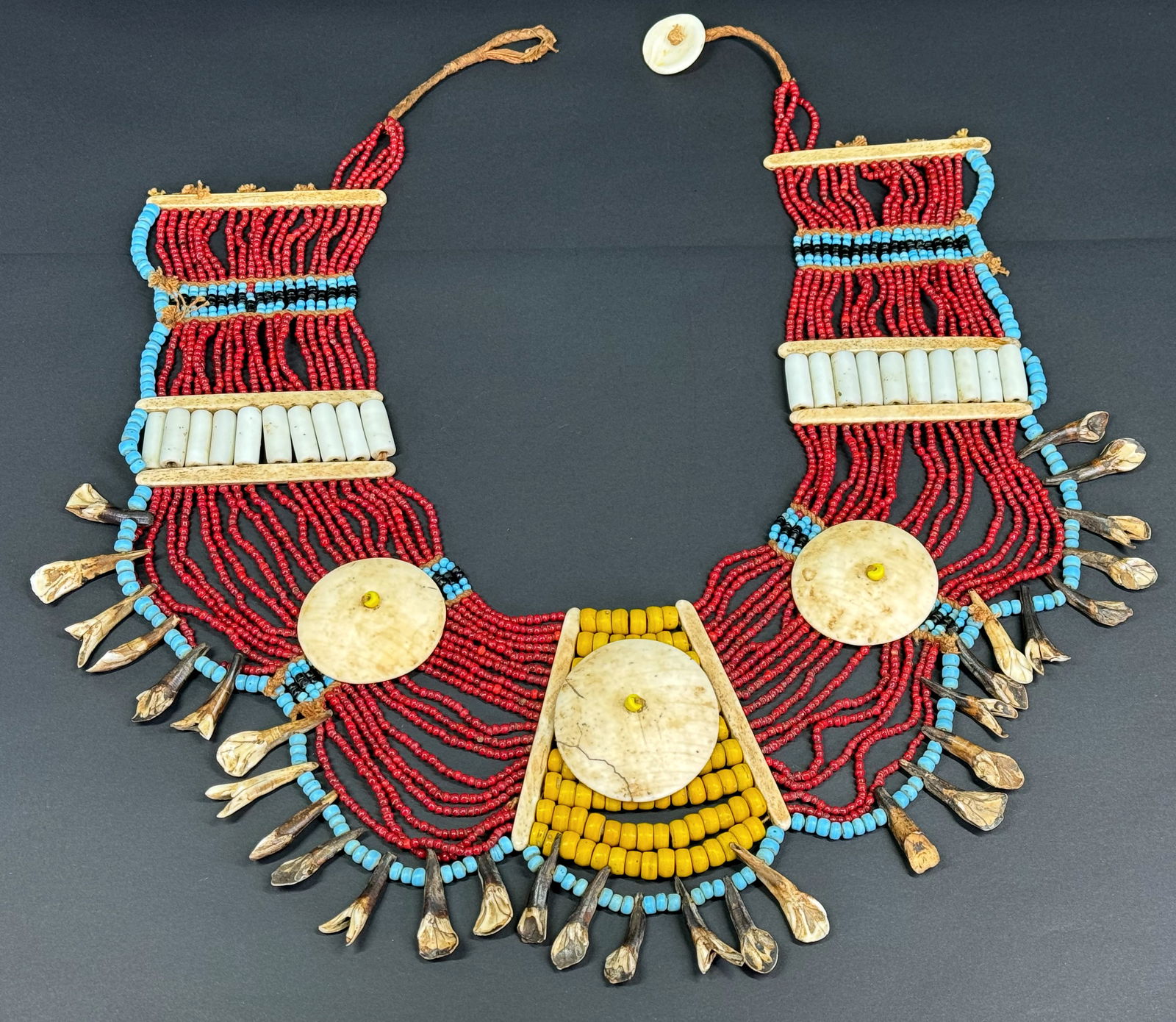 Naga Burma / India Necklace. Glass beads, bone, shell discs, water buffalo teeth.: IN HOUSE FLAT SHIPPING & HANDLING COST WITHIN ALL THE U.S. : 35 To bypass LiveShipping, and use our In-House shipping service for 7 or shipping combined for multiple lots, please select “Arrange