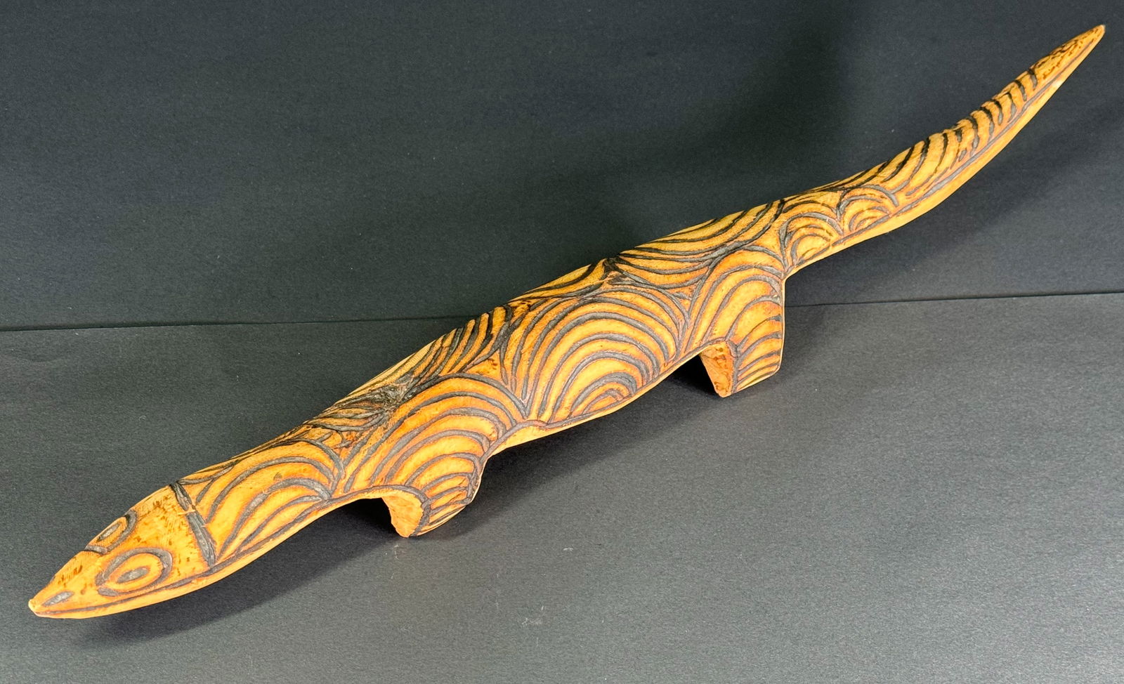 Aboriginal Australia Lizard Figure. Carved wood with poker work decoration.: IN HOUSE FLAT SHIPPING & HANDLING COST WITHIN ALL THE U.S. : 17 To bypass LiveShipping, and use our In-House shipping service for 17 or shipping combined for multiple lots, please select “Arrang