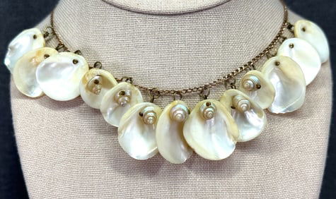 Vintage early Miriam Haskell? shell dangles gold-filled chain strap necklace