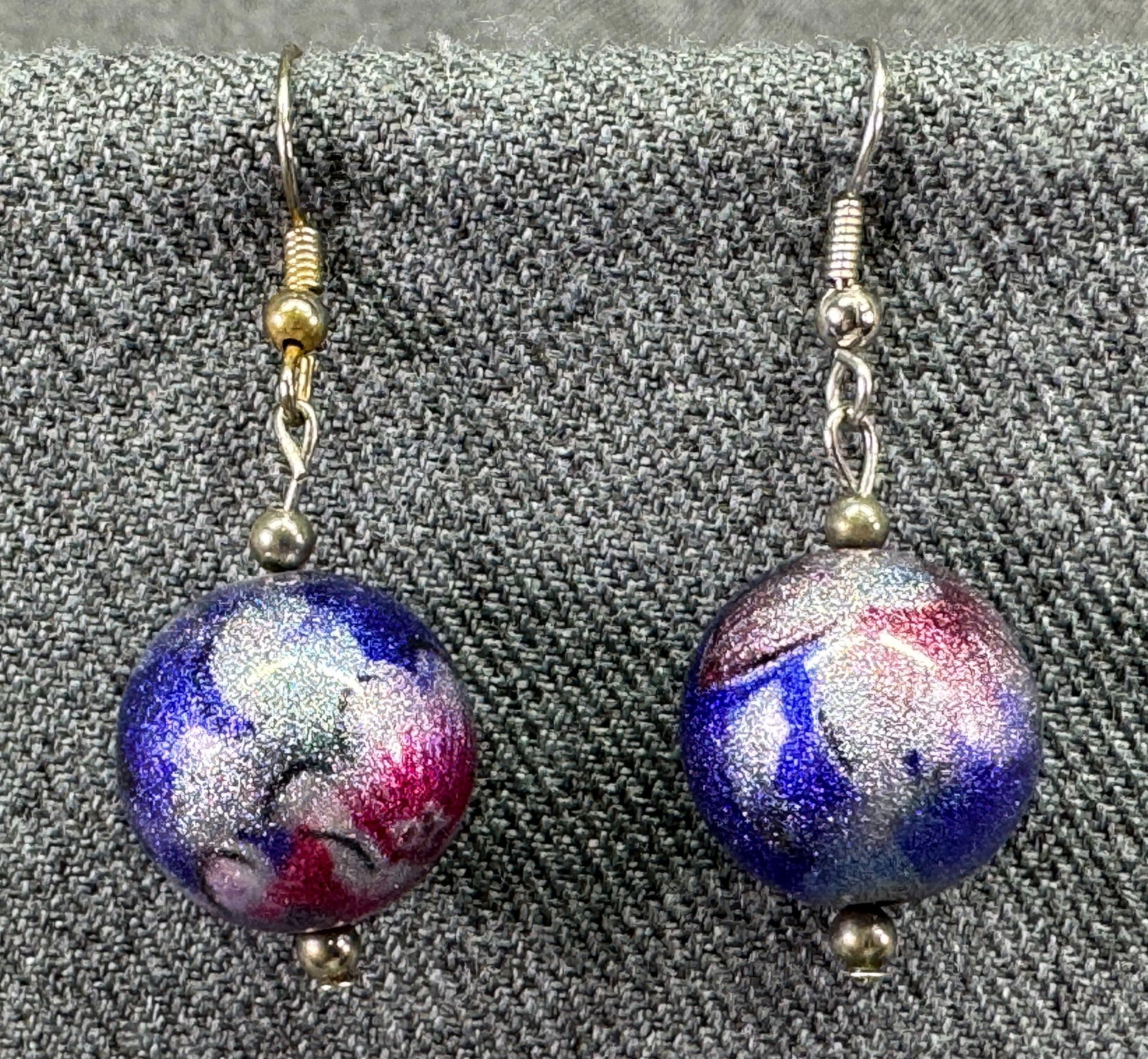Dichroic silver-toned & purple flowers bead hook earrings.: IN HOUSE FLAT SHIPPING & HANDLING COST WITHIN ALL THE U.S. : $7 To bypass LiveShipping, and use our In-House shipping service for $7 or shipping combined for multiple lots, please select “Arrange Yo