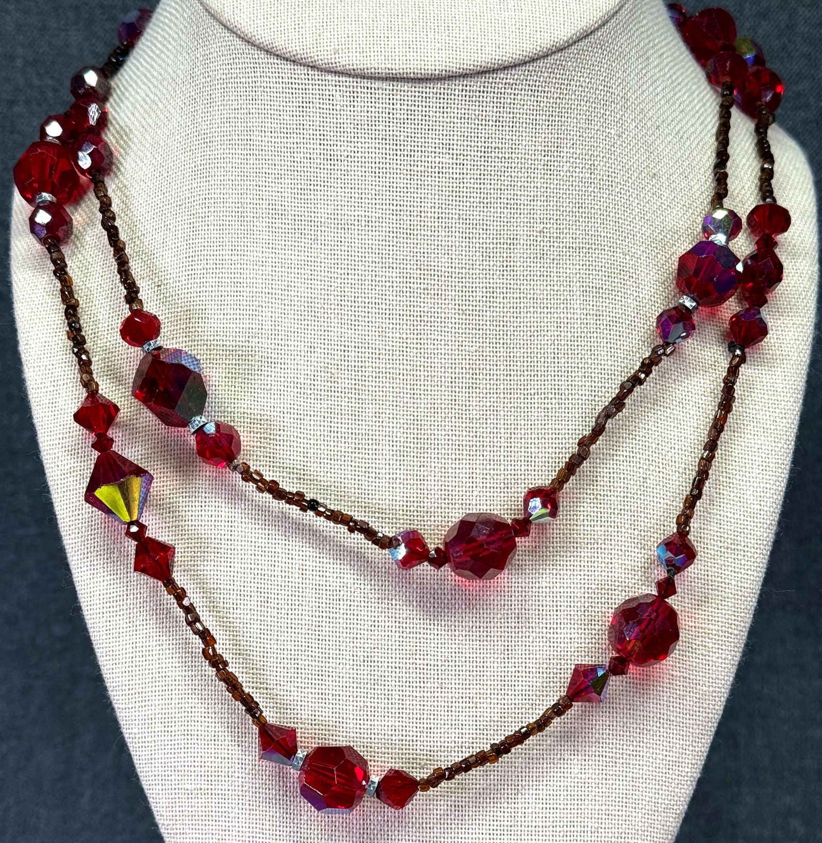 Vintage AB, ruby color faceted crystals & glass beaded necklace: IN HOUSE FLAT SHIPPING & HANDLING COST WITHIN ALL THE U.S. : $7 To bypass LiveShipping, and use our In-House shipping service for $7 or shipping combined for multiple lots, please select “Arrange Yo