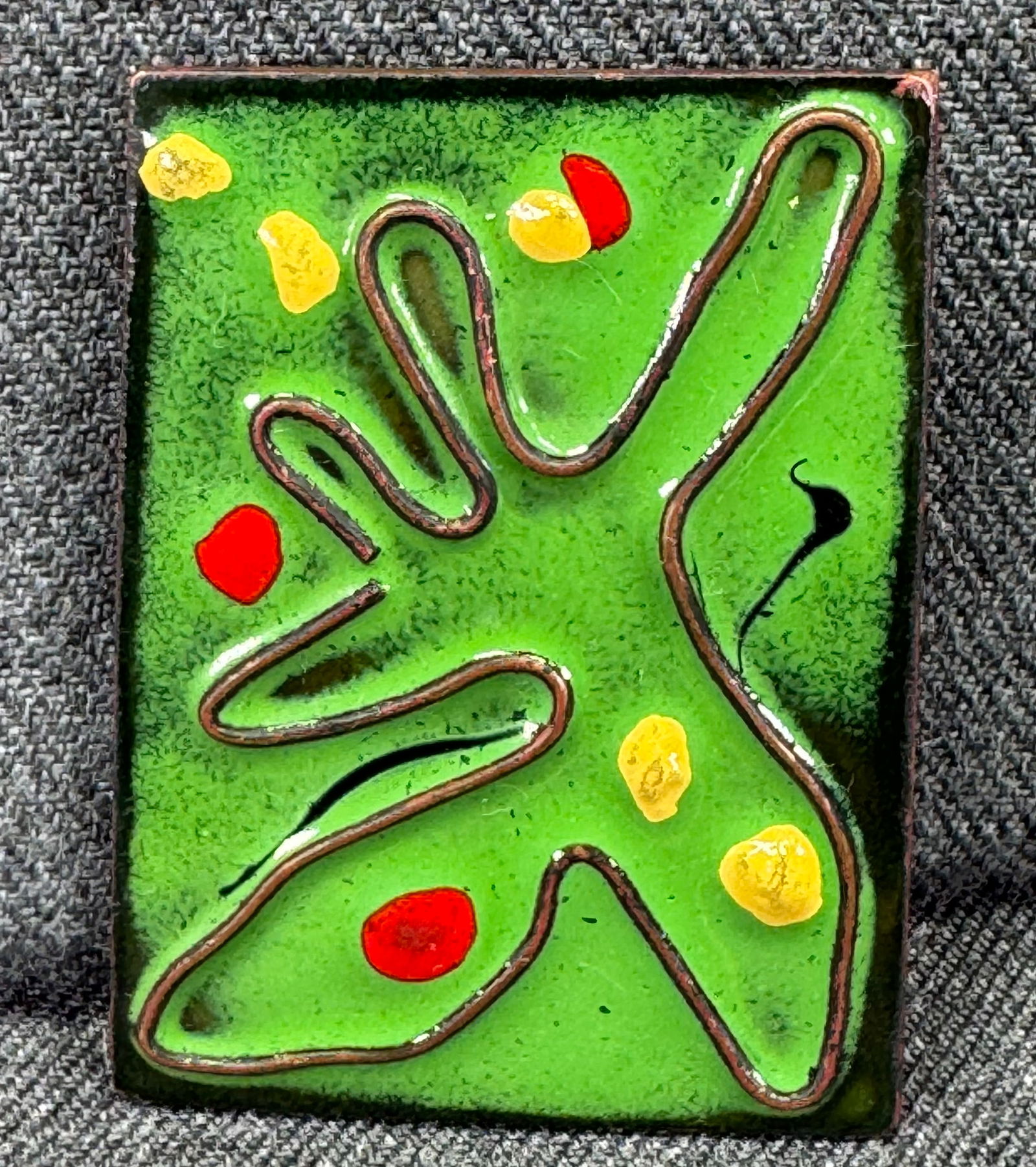 Vintage MCM L. Tarachas wire inlay enamel on copper figural in green brooch pin (1 of 5)