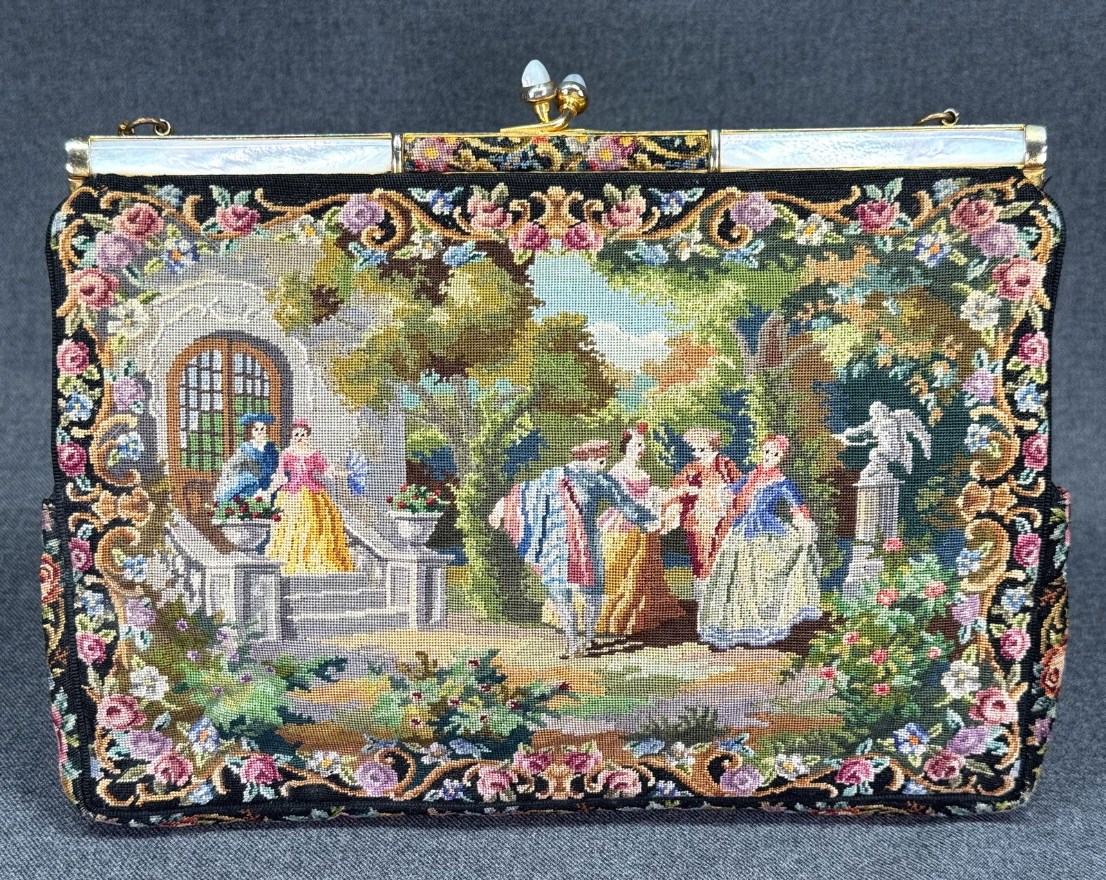 Vintage courting scene petit point needlepoint large purse bag (1 of 15)
