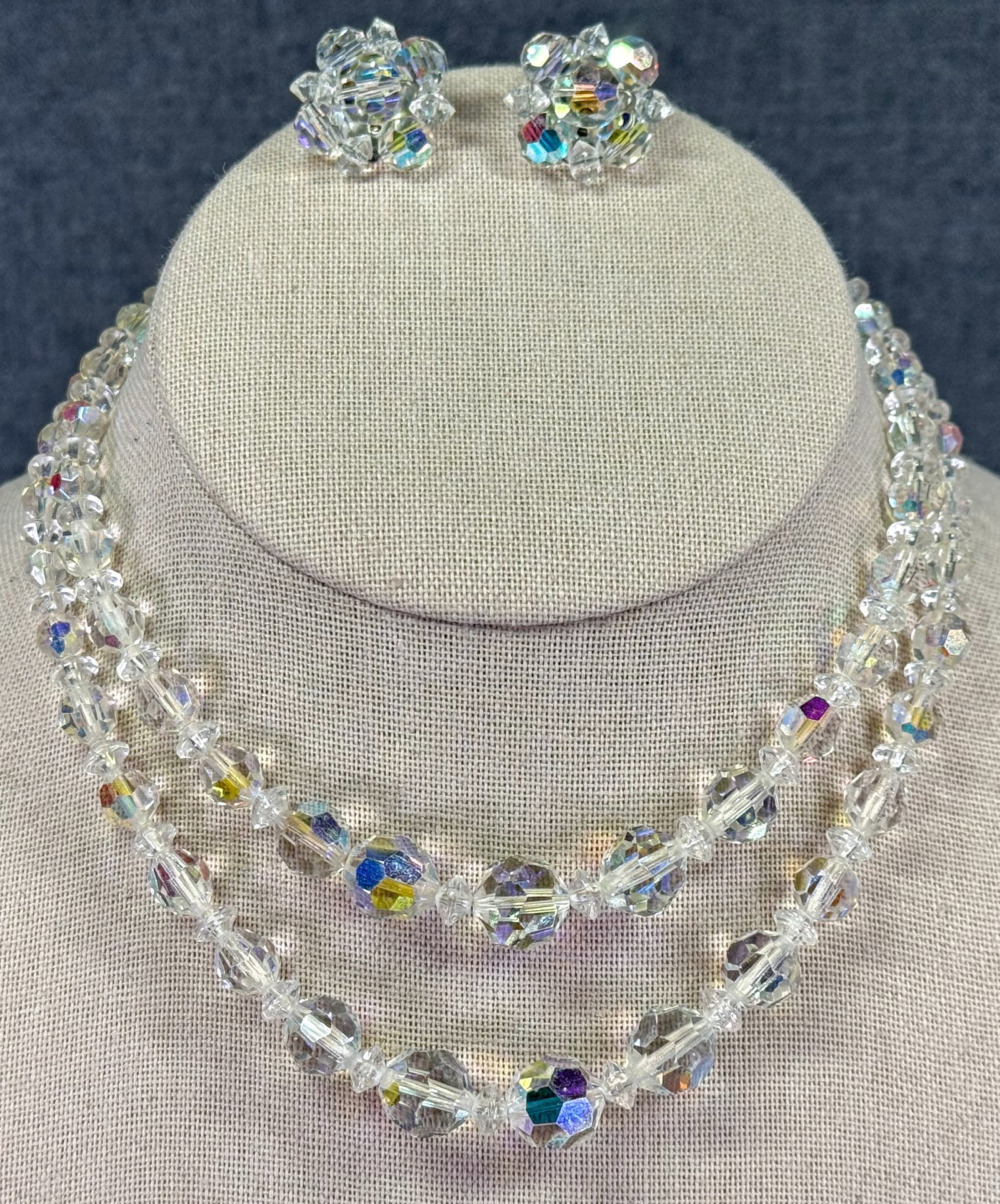 Vintage faceted AB crystals choker necklace & flower clip earrings: IN HOUSE FLAT SHIPPING & HANDLING COST WITHIN ALL THE U.S. : $7 To bypass LiveShipping, and use our In-House shipping service for $7 or shipping combined for multiple lots, please select “Arrange Yo