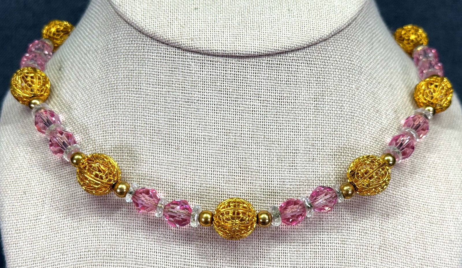 Vintage clear and rose crystals filigree gold-toned beaded necklace. Chain string: IN HOUSE FLAT SHIPPING & HANDLING COST WITHIN ALL THE U.S. : $7 To bypass LiveShipping, and use our In-House shipping service for $7 or shipping combined for multiple lots, please select “Arrange Yo