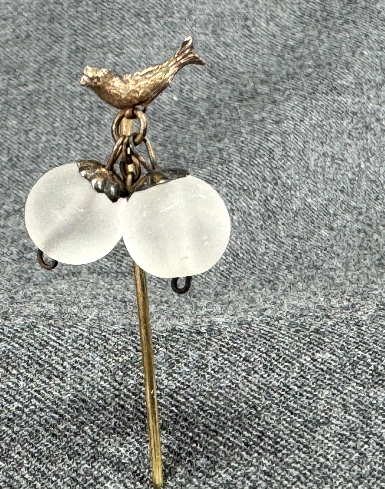 Antique goldtoned metal bird with frosted glass beads dangles stick pin (1 of 5)
