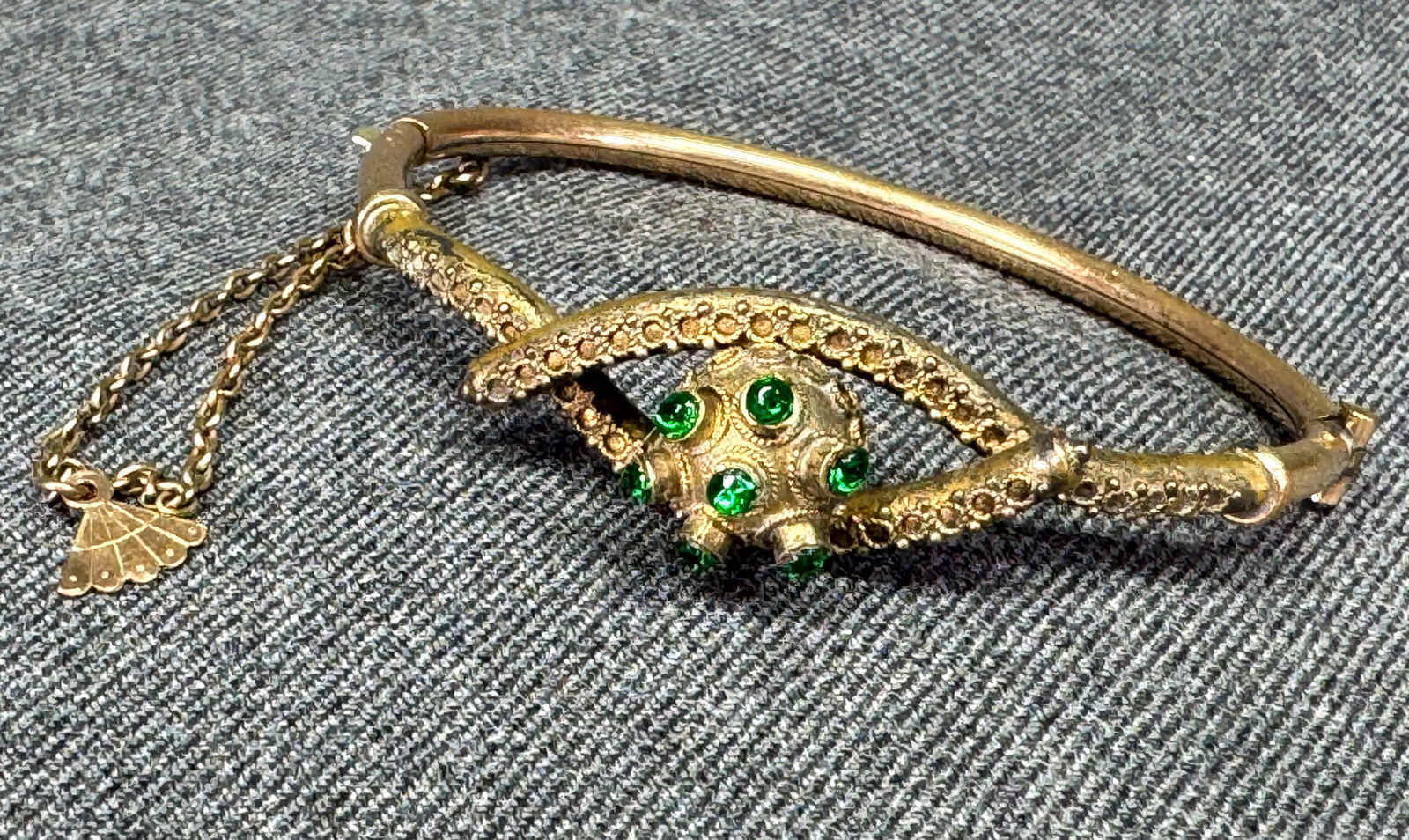 Antique Edwardian green crystals gold-filled bracelet. Fan charm on chain (1 of 11)