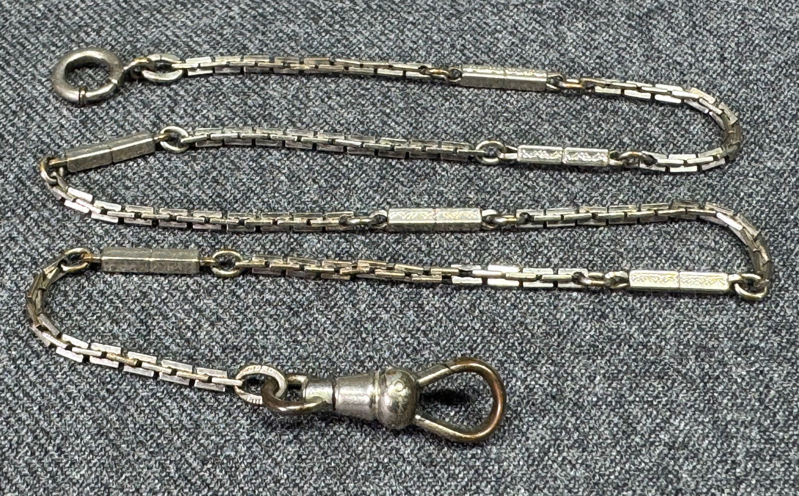 Antique Bigney Co silver plated soldered rings pocket watch chain. Swivel hook (1 of 8)