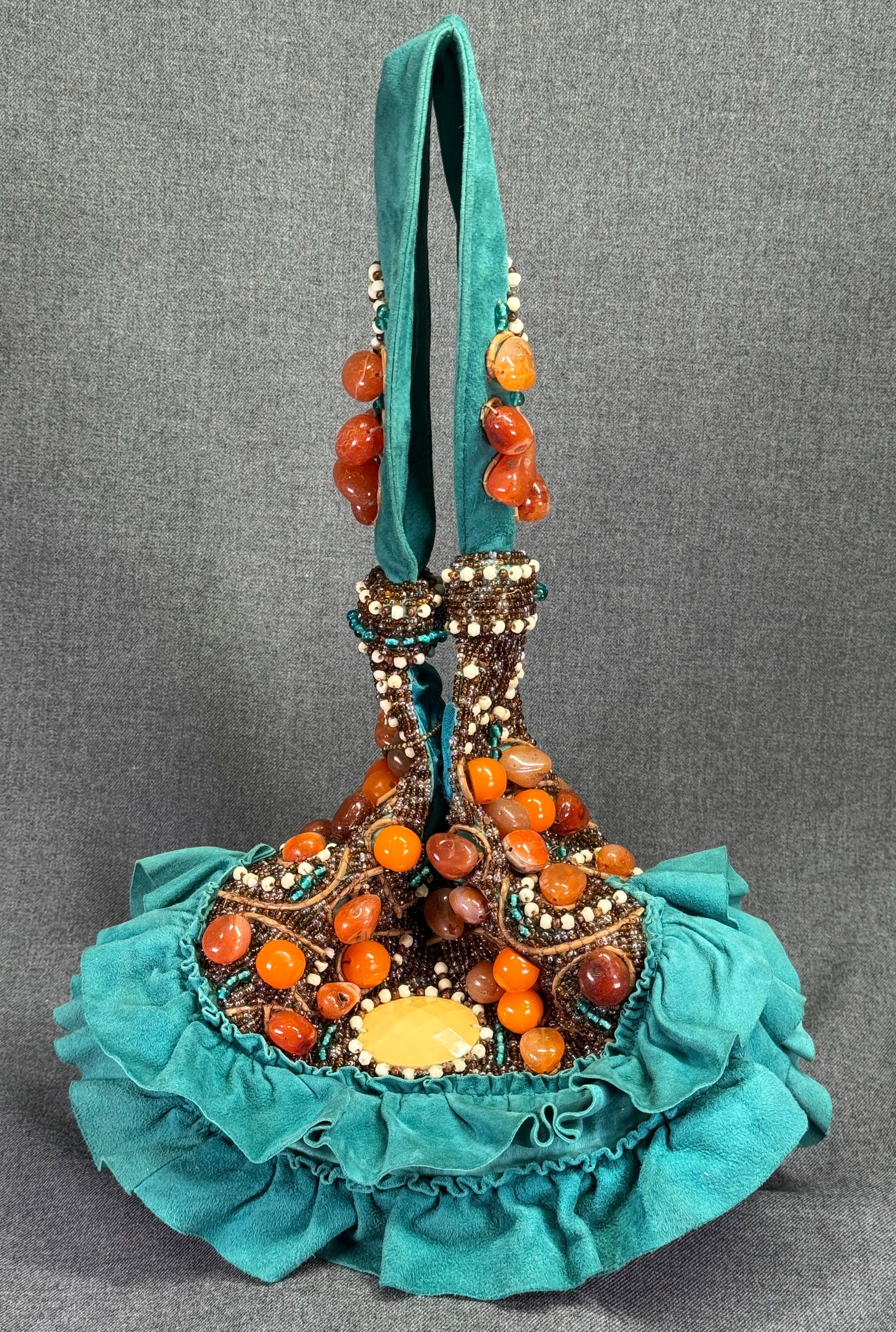 Vintage Mary Frances agate stone nuggets and beads teal suede ruffles purse bag (1 of 20)