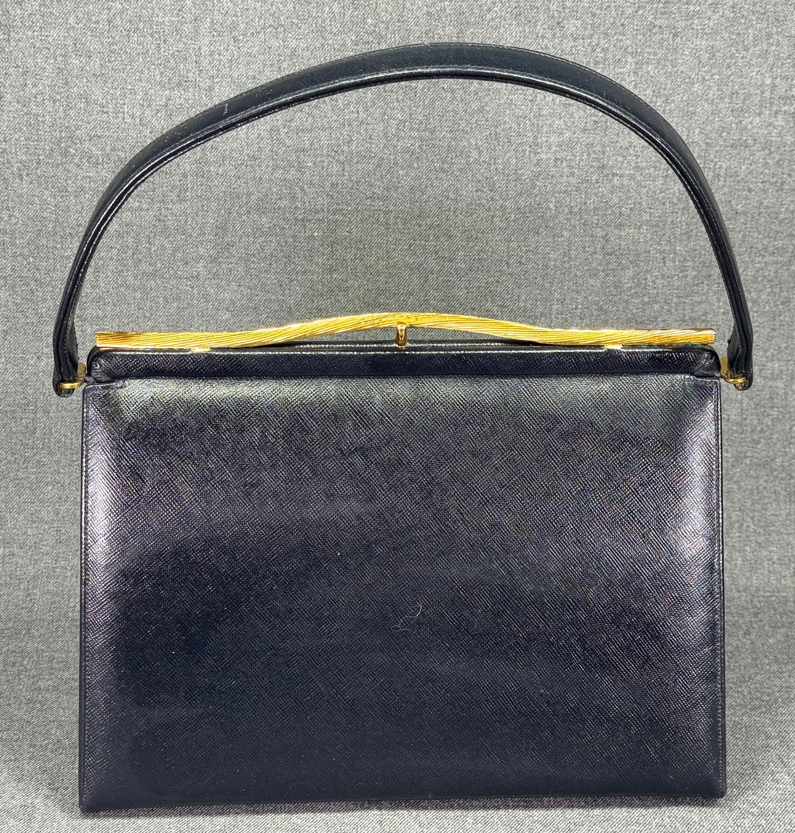 Vintage Bag by Dorian blue leather gold-toned bar clasp purse bag (1 of 9)