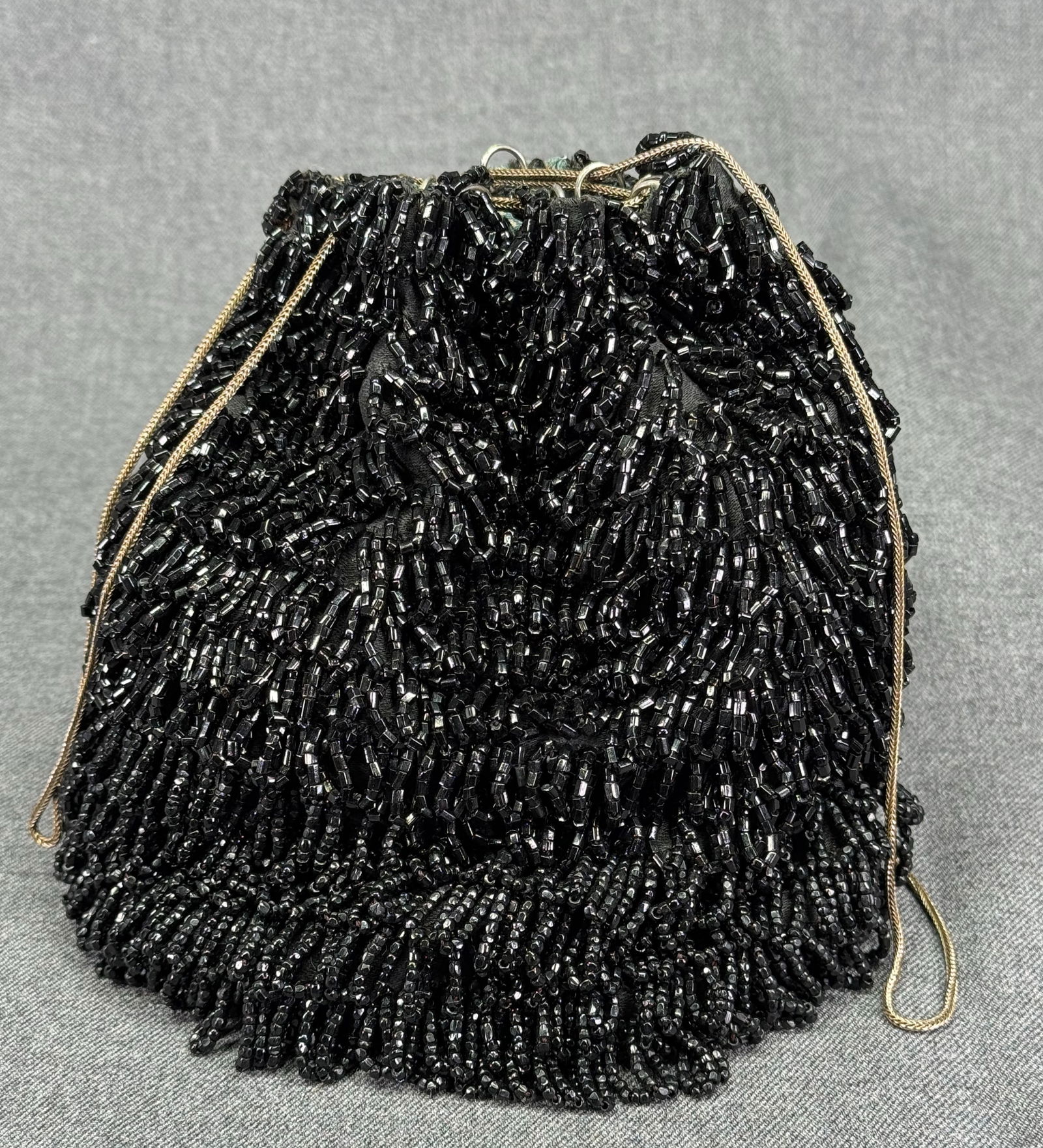 Antique Flapper Black Beaded with Loops Drawstring Purse Bag: IN HOUSE FLAT SHIPPING & HANDLING COST WITHIN ALL THE U.S. : $10. To bypass LiveShipping, and use our In-House shipping service for $10 or shipping combined for multiple lots, please select “Arrange