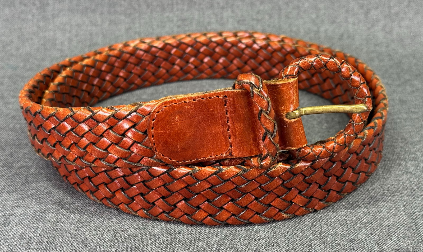 Vintage Cole Haan genuine brown leather woven belt and buckle (1 of 6)