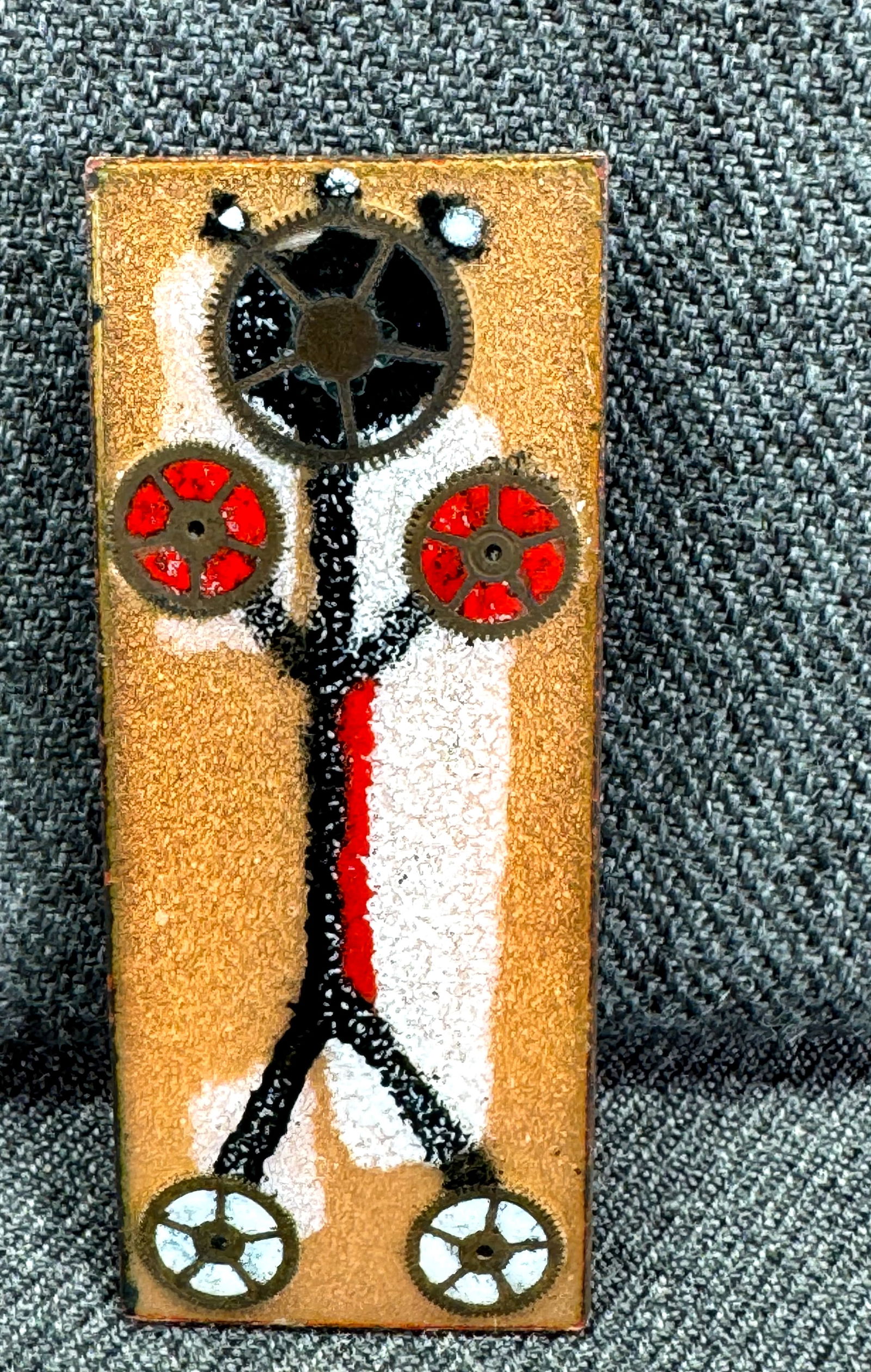Vintage MCM L. Tarachas watch's wheels inlay enamel on copper man brooch pin: IN HOUSE FLAT SHIPPING & HANDLING COST WITHIN ALL THE U.S. : $7 To bypass LiveShipping, and use our In-House shipping service for $7 or shipping combined for multiple lots, please select “Arrange Yo