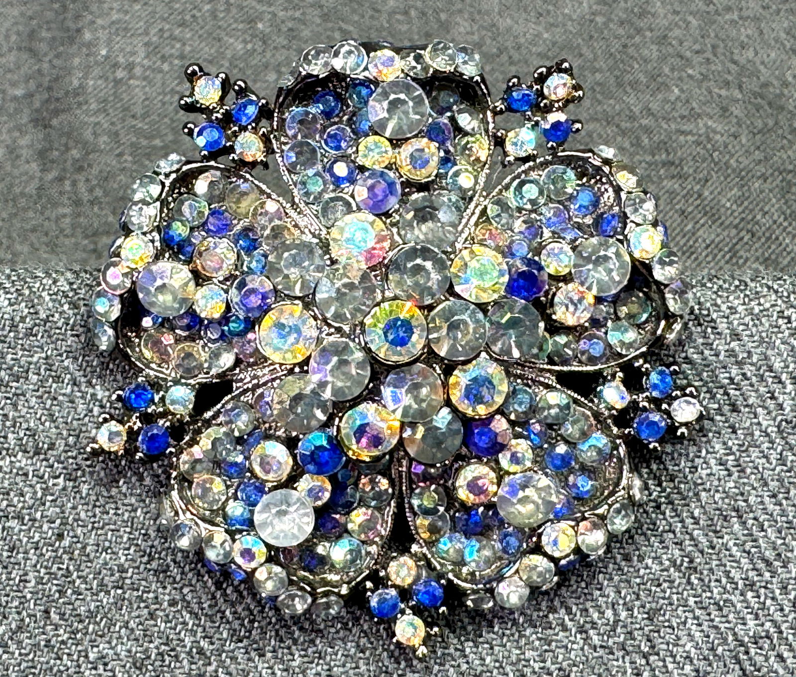Vintage AB crystals gunmetal flower brooch pin (1 of 4)