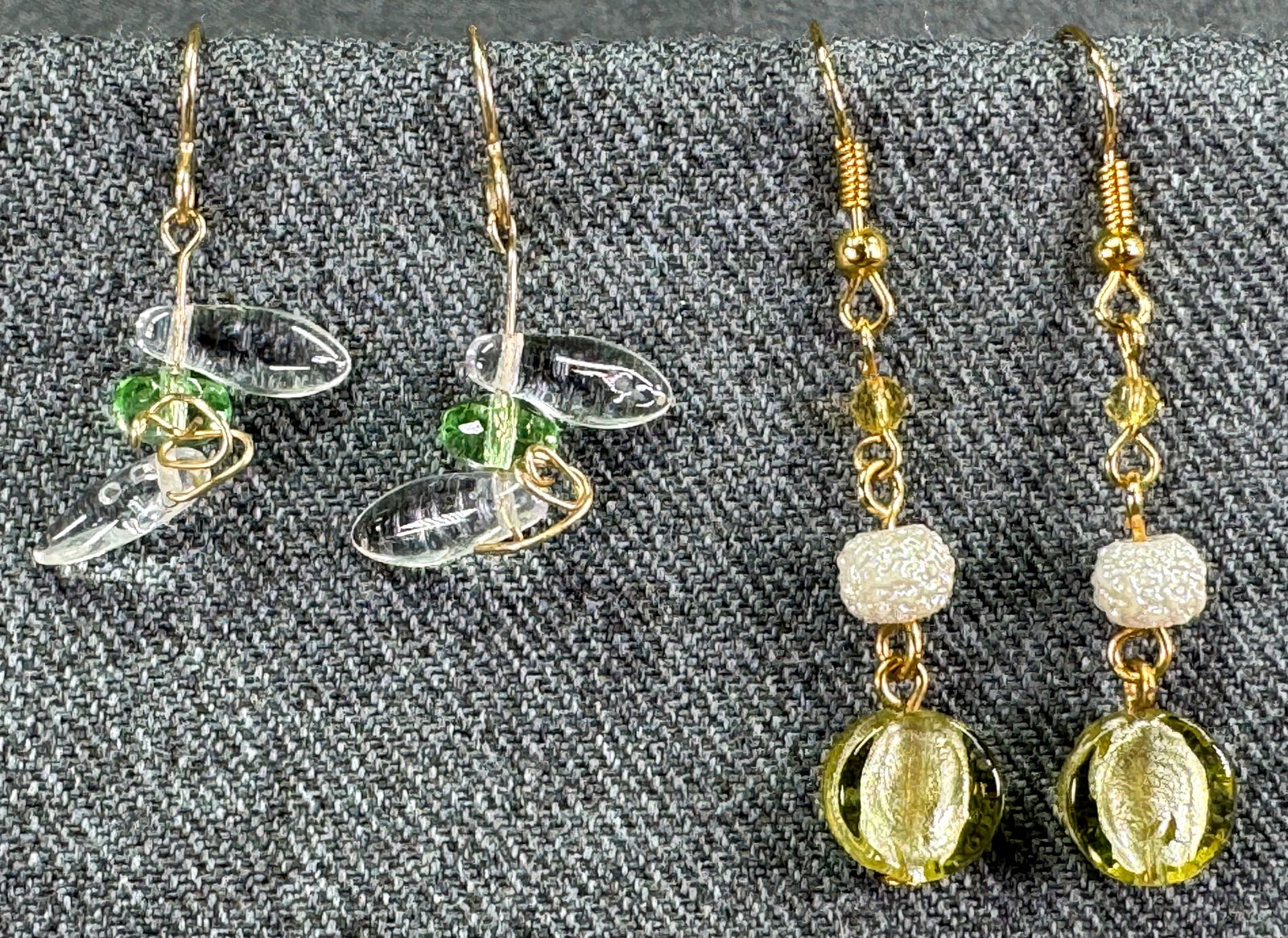 Vintage artsy assorted greenish glass goldtoned hook earrings. Lot of 2 (1 of 7)