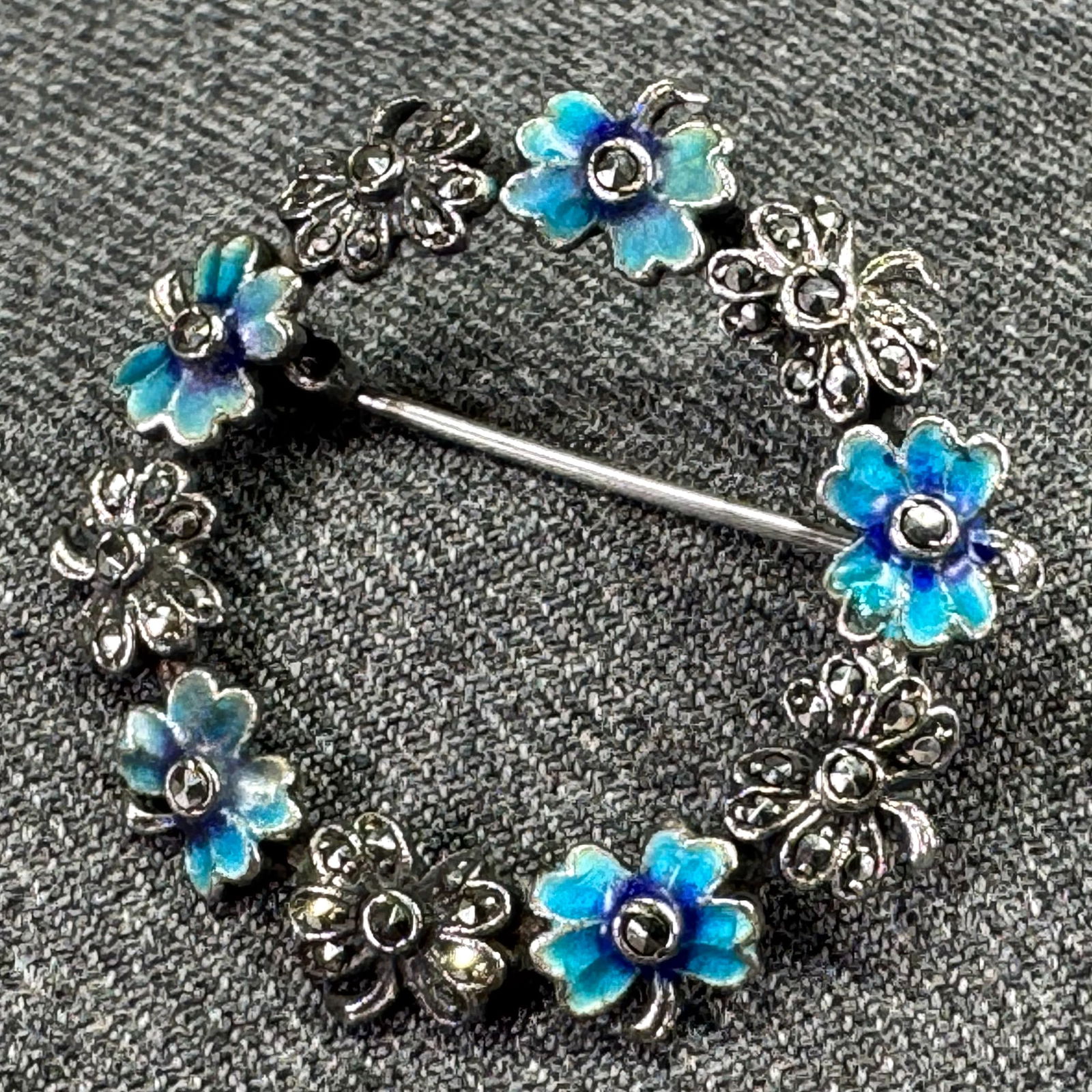 Vintage German MF sterling silver turquoise enamel, marcasites, flowers brooch pin: IN HOUSE FLAT SHIPPING & HANDLING COST WITHIN ALL THE U.S. : $7 To bypass LiveShipping, and use our In-House shipping service for $7 or shipping combined for multiple lots, please select “Arrange Yo