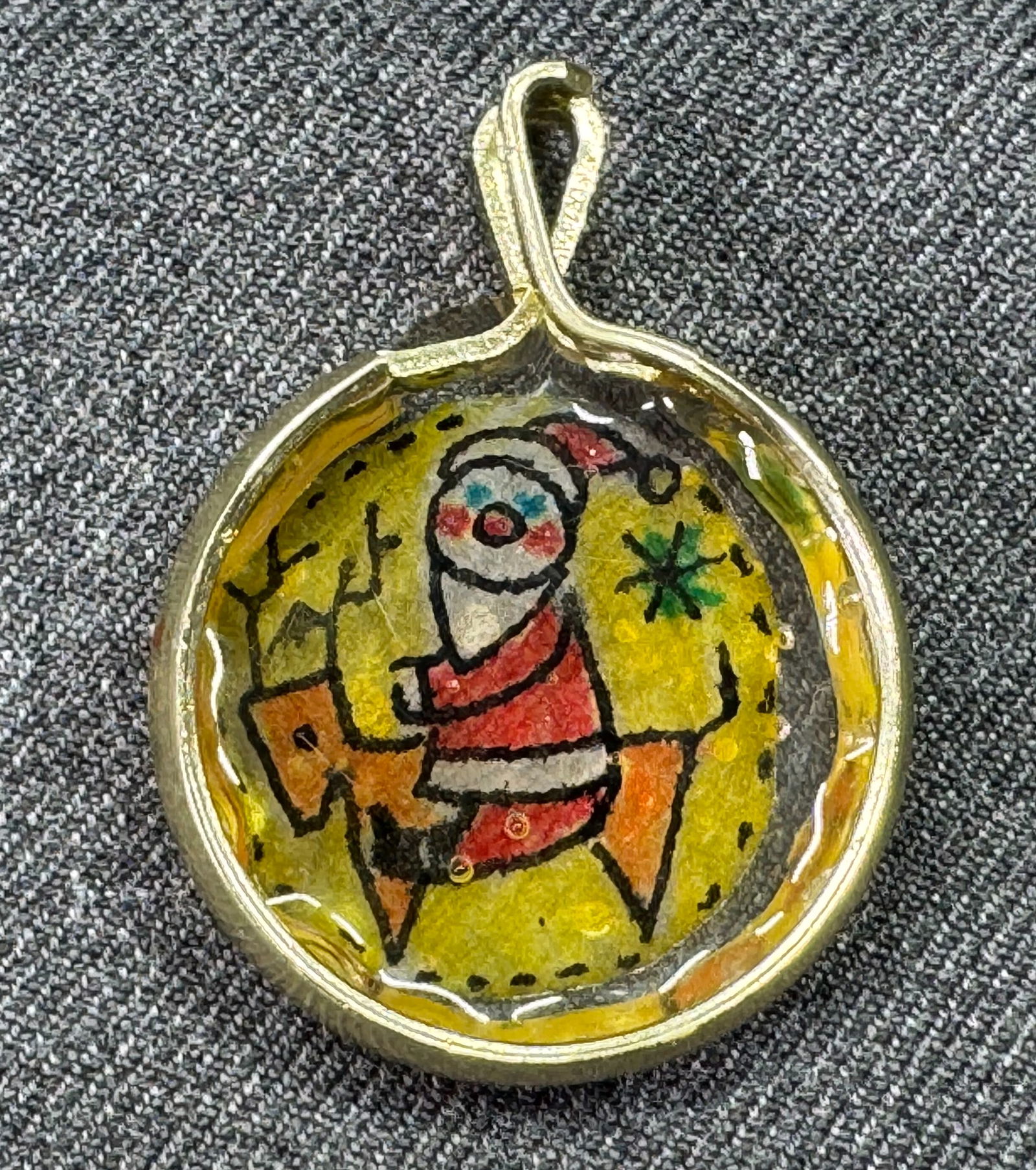 Vintage Diana Spyros hand painted paper inlaid resin Christmas Santa pendant (1 of 4)